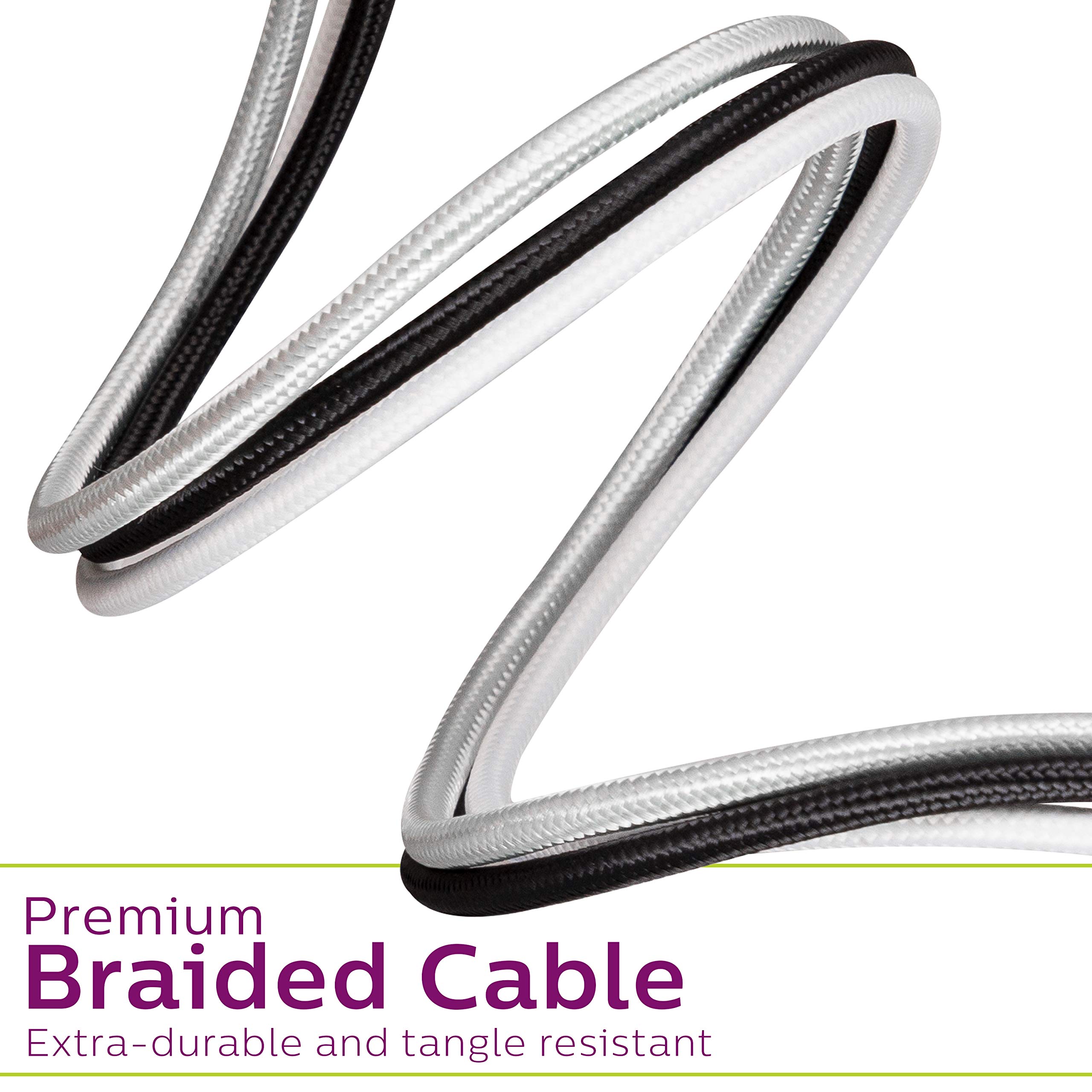 Premium Philips Elite 6ft Braided USB-A to Lightning Cable - Fast Charging & Durable for iPhone 12/11/Pro/Max/XS/XR/X/8, iPad, iPad Mini, iPad Air - White (DLC6206V/37) | Perfect for Home, Office & Travel Charging
