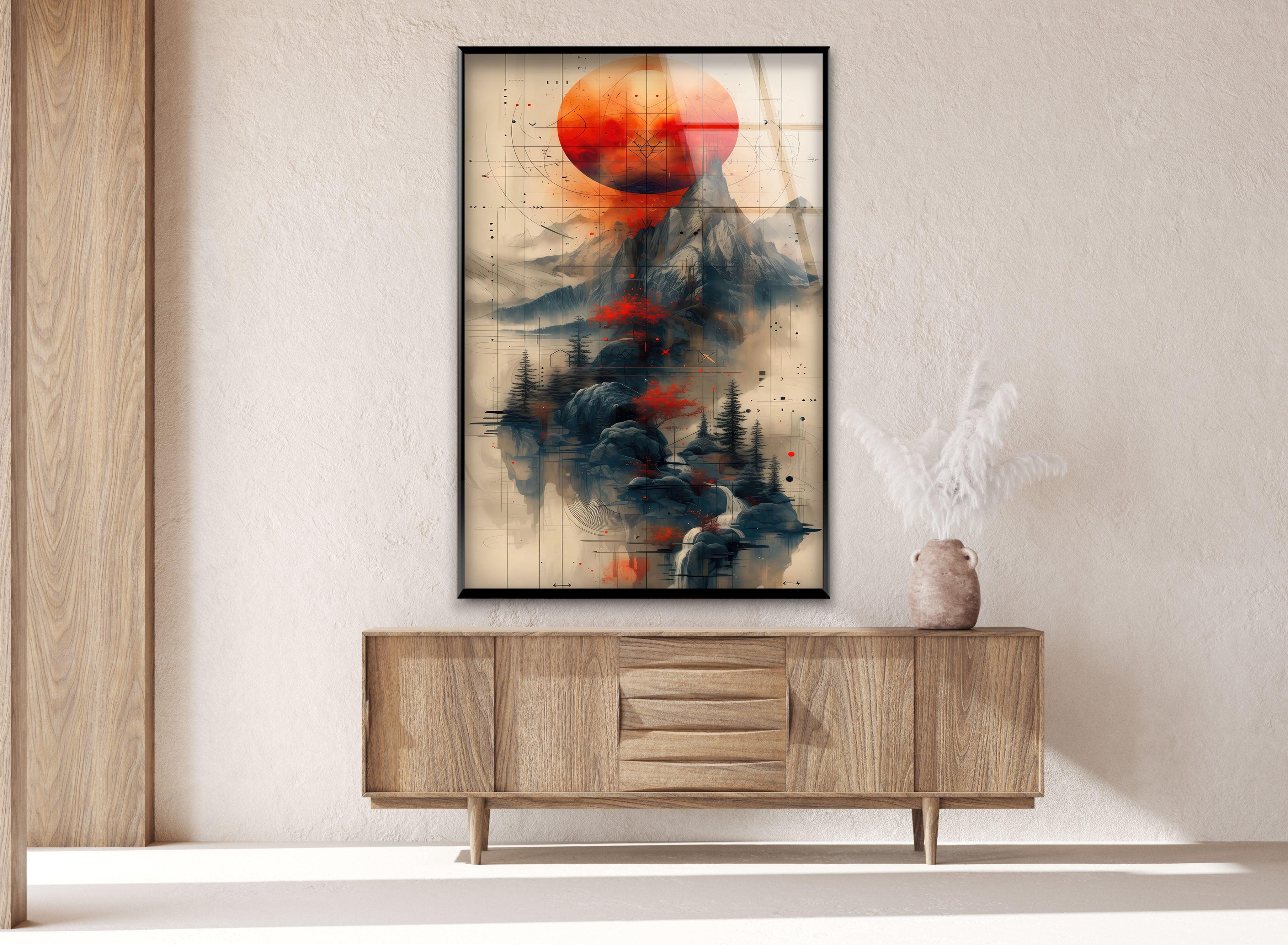 Abstract Mountain Glass Wall Art - Modern Red Sun Landscape Painting for Home & Office Decor | Perfect for Living Room, Bedroom, or Office Spaces