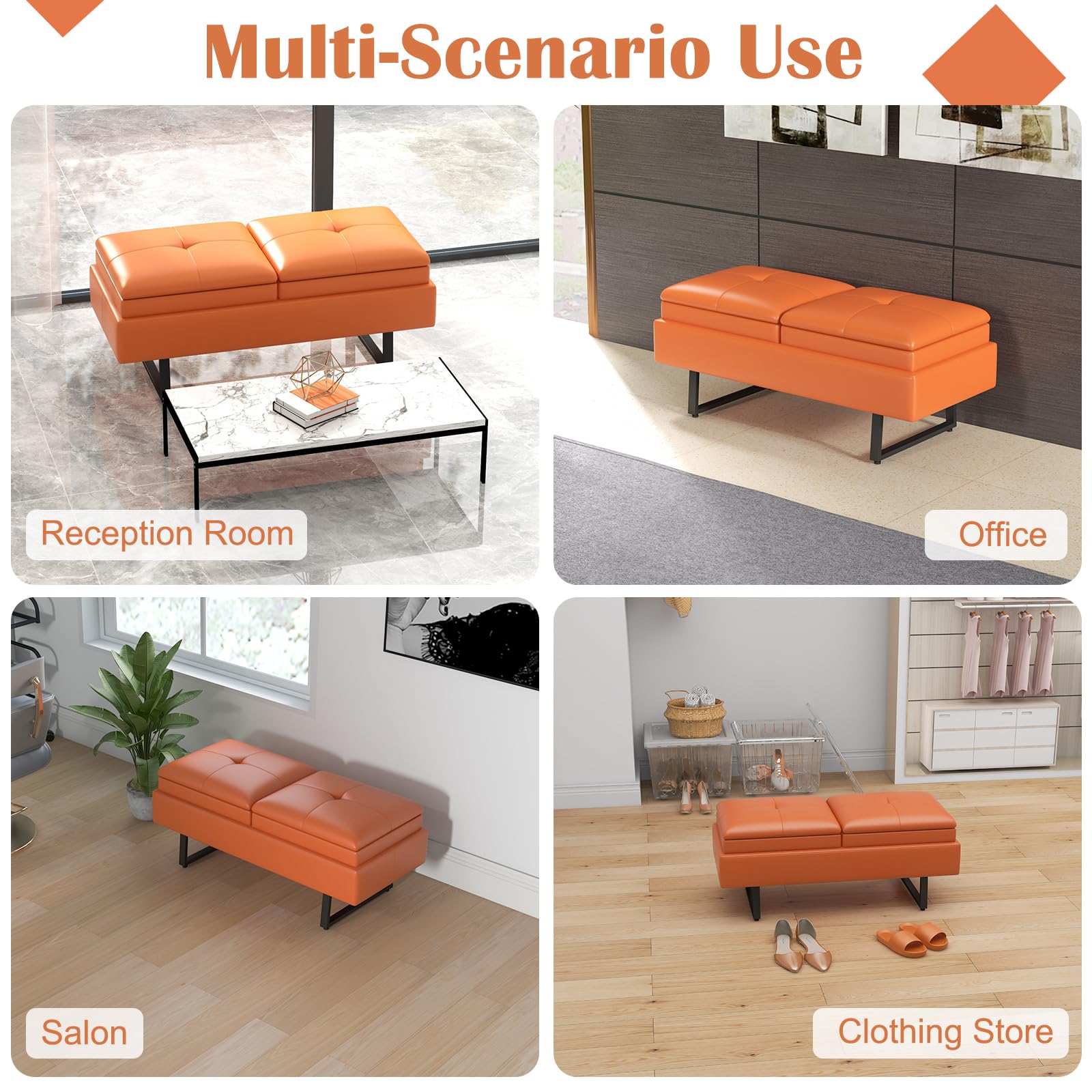 Kinfant 2-Seat Upholstered Reception Bench with Thickened Cushion - PU Leather Office Guest Chairs, Living Room Bench & Lobby Furniture for Salon, Shop & Waiting Area (Orange)