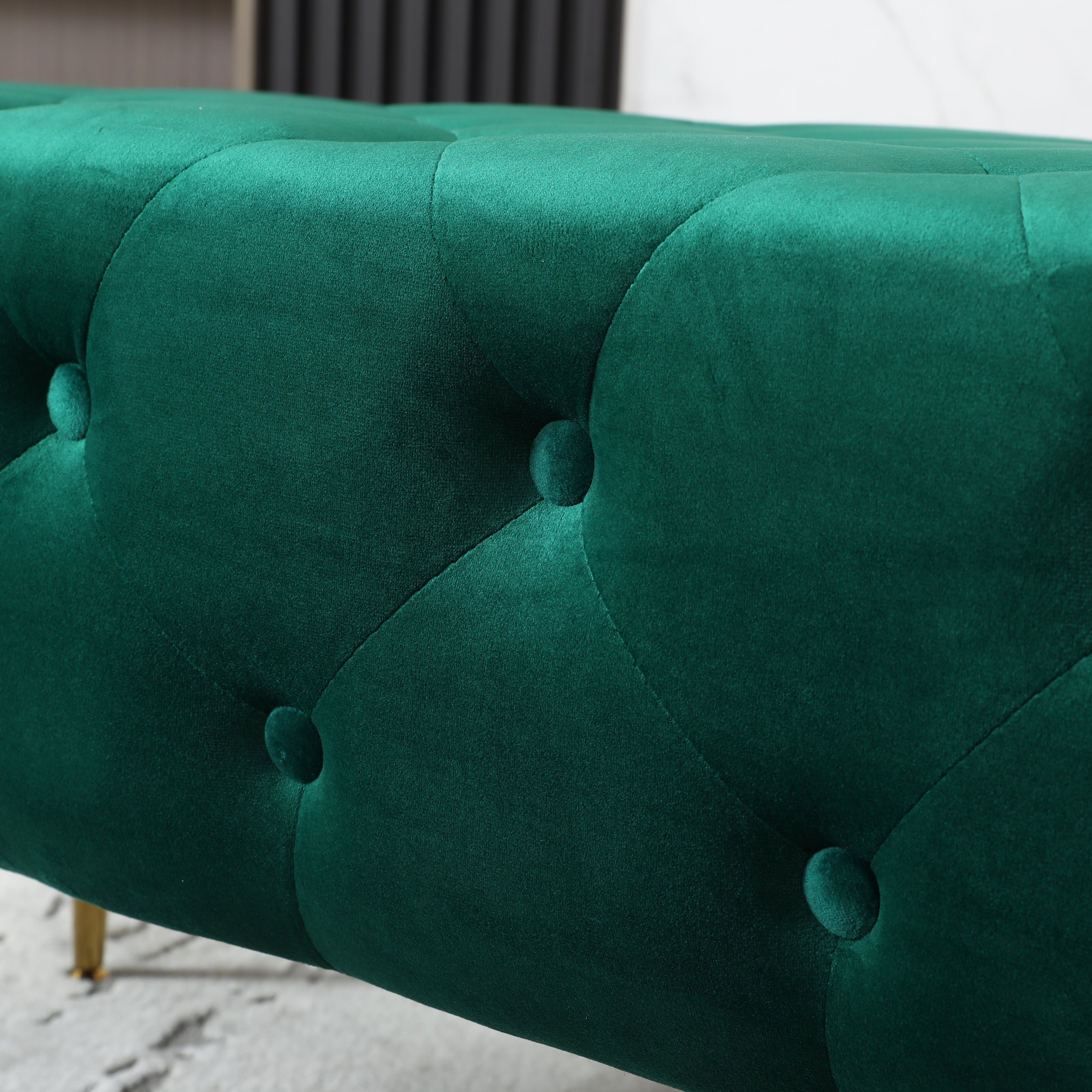 Roundhill Furniture Sira Velvet Button Tufted Bench with Gold Metal Legs - Green Velvet Upholstered Storage Ottoman for Living Room, Bedroom & Entryway - Perfect for Seating, Decor & Extra Storage