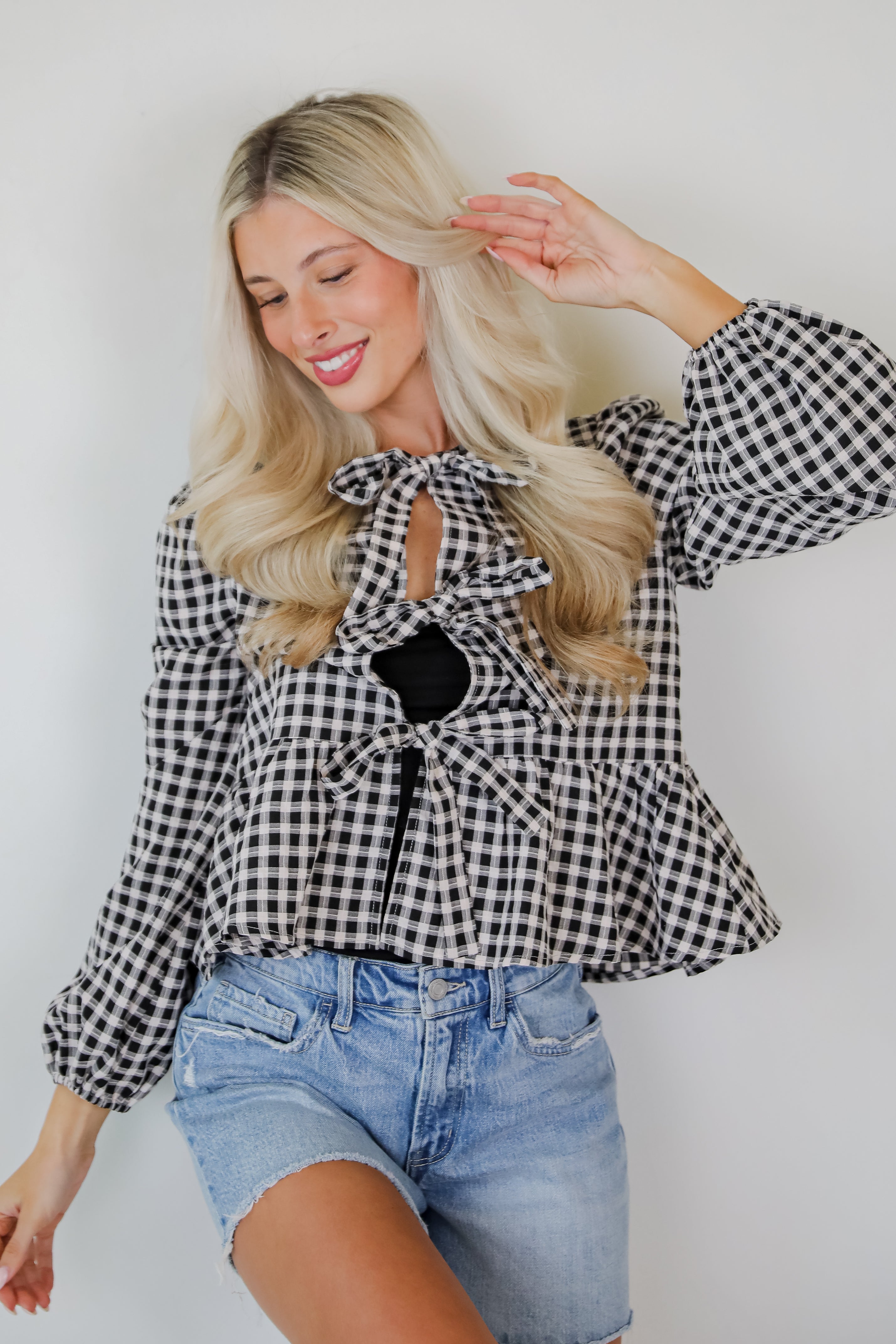 Cutest Intentions Black Gingham Bow Blouse - Women's Fashion Top for Casual & Office Wear | Perfect for Date Nights, Work Outfits & Special Occasions