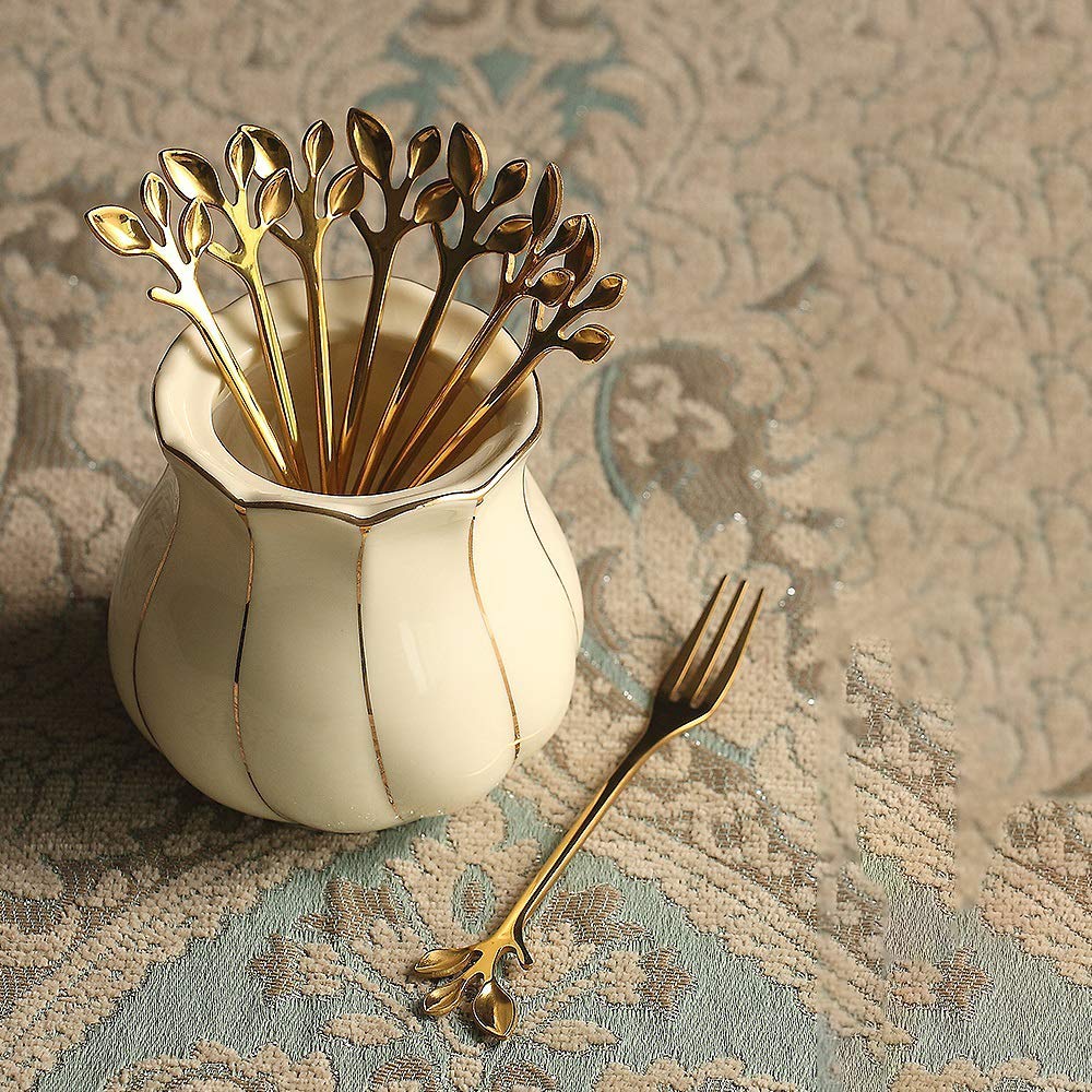 16-Piece Stainless Steel Gold Leaf Appetizer Forks Set - 4.7 Inch Elegant Cake & Fruit Forks for Dessert Tasting, Wedding Parties & Kitchen Accessories (Gold) - Perfect for Catering Events, Bridal Showers & Home Entertaining