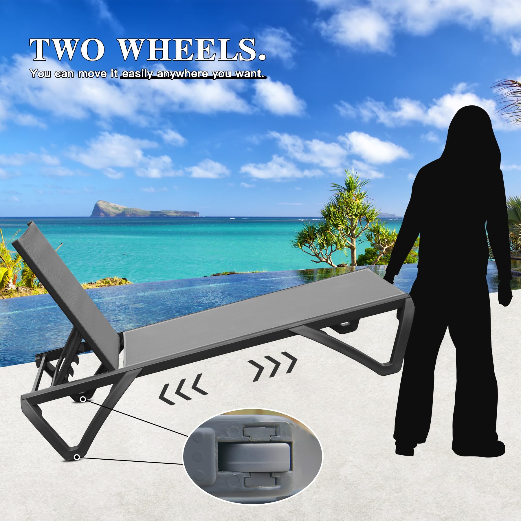 Domi 3-Piece Adjustable Aluminum Pool Lounge Chairs with Wheels & Table - Outdoor Chaise for Deck, Patio, Backyard - All-Weather Textilene Gray