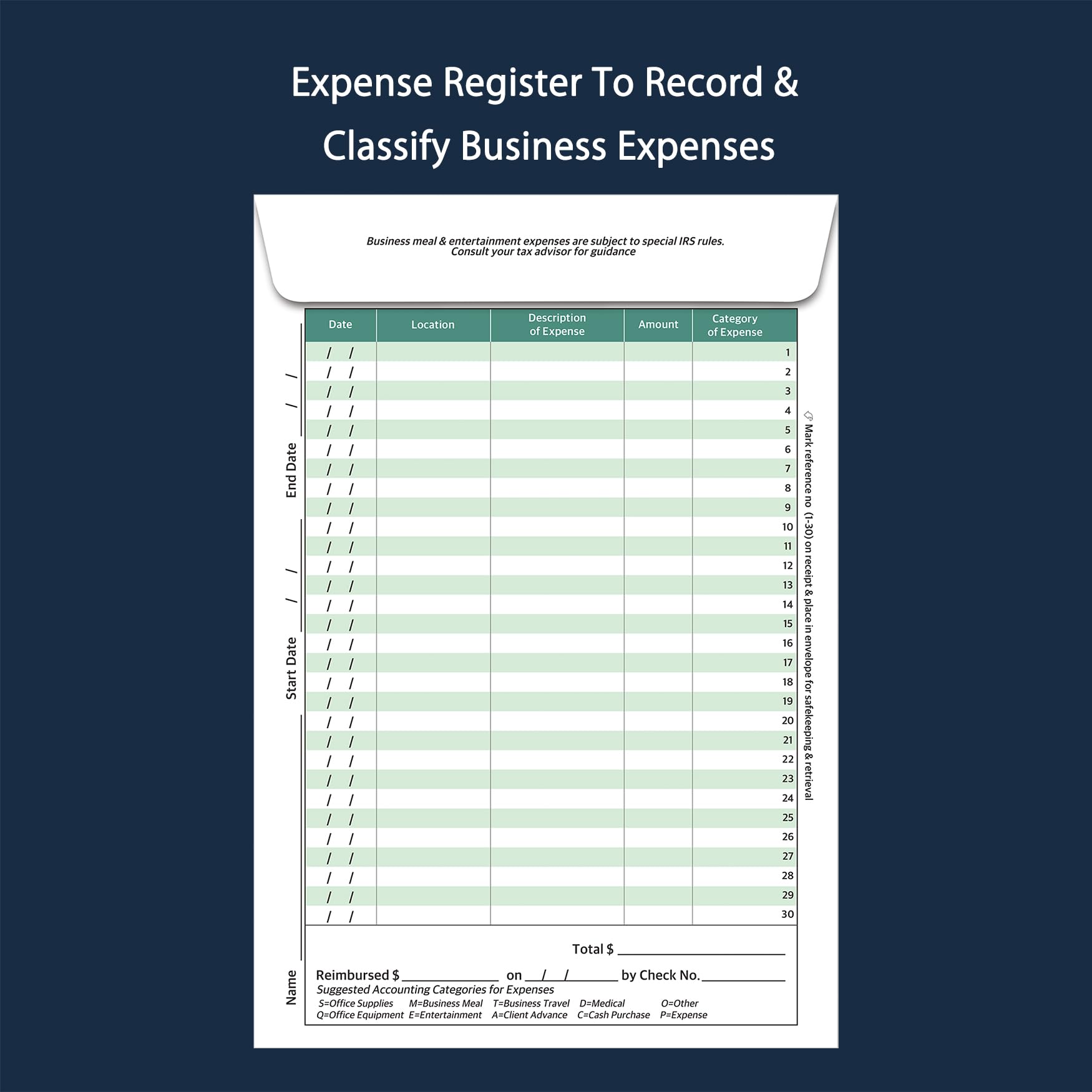 12-Pack Green Expense Envelopes - Receipt Organizer & Mileage Tracker for Business Expenses