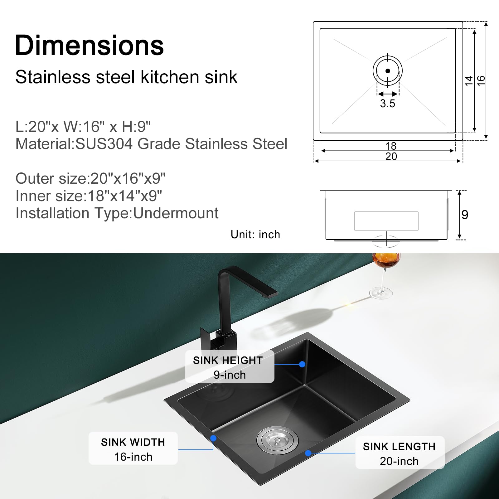 20-Inch Undermount Kitchen Sink Black - 18 Gauge Handmade Stainless Steel Single Bowl Sink (20x16x9 Inch) for Modern Kitchens, Easy Cleaning & Durable