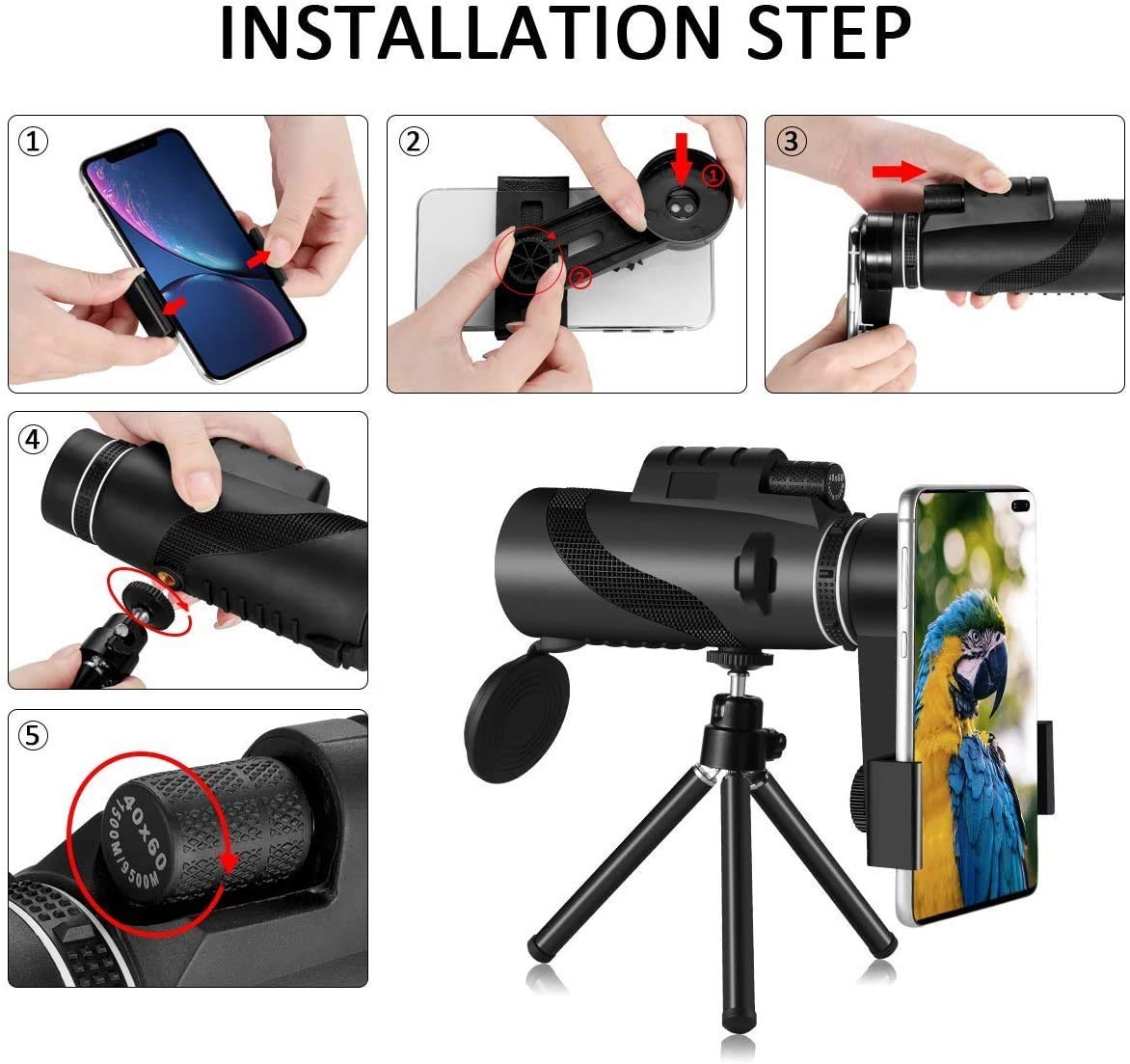12x50 High Power Monocular Telescope for Adults - Compact & Lightweight with Smartphone Adapter & Tripod - Perfect for Bird Watching, Camping, Hiking, Travel & Outdoor Adventures