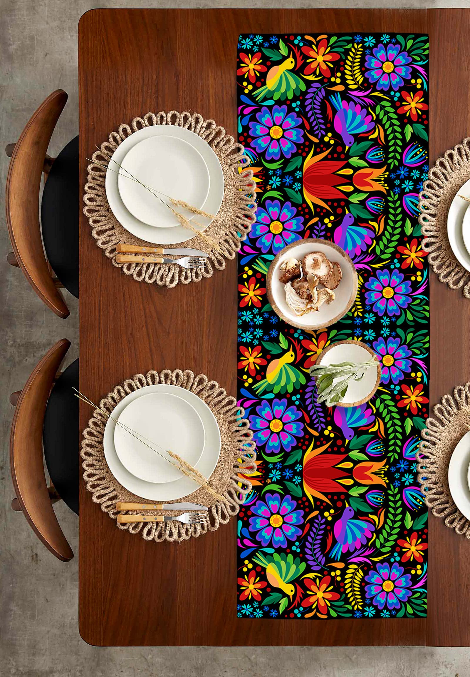 Vibrant Mexican Table Runners 36 Inches - Cotton Linen Blend Abstract Floral Bird Ethnic Design - Perfect for Kitchen Island, Dining Table, Bedside Dresser, and Home Decor (13