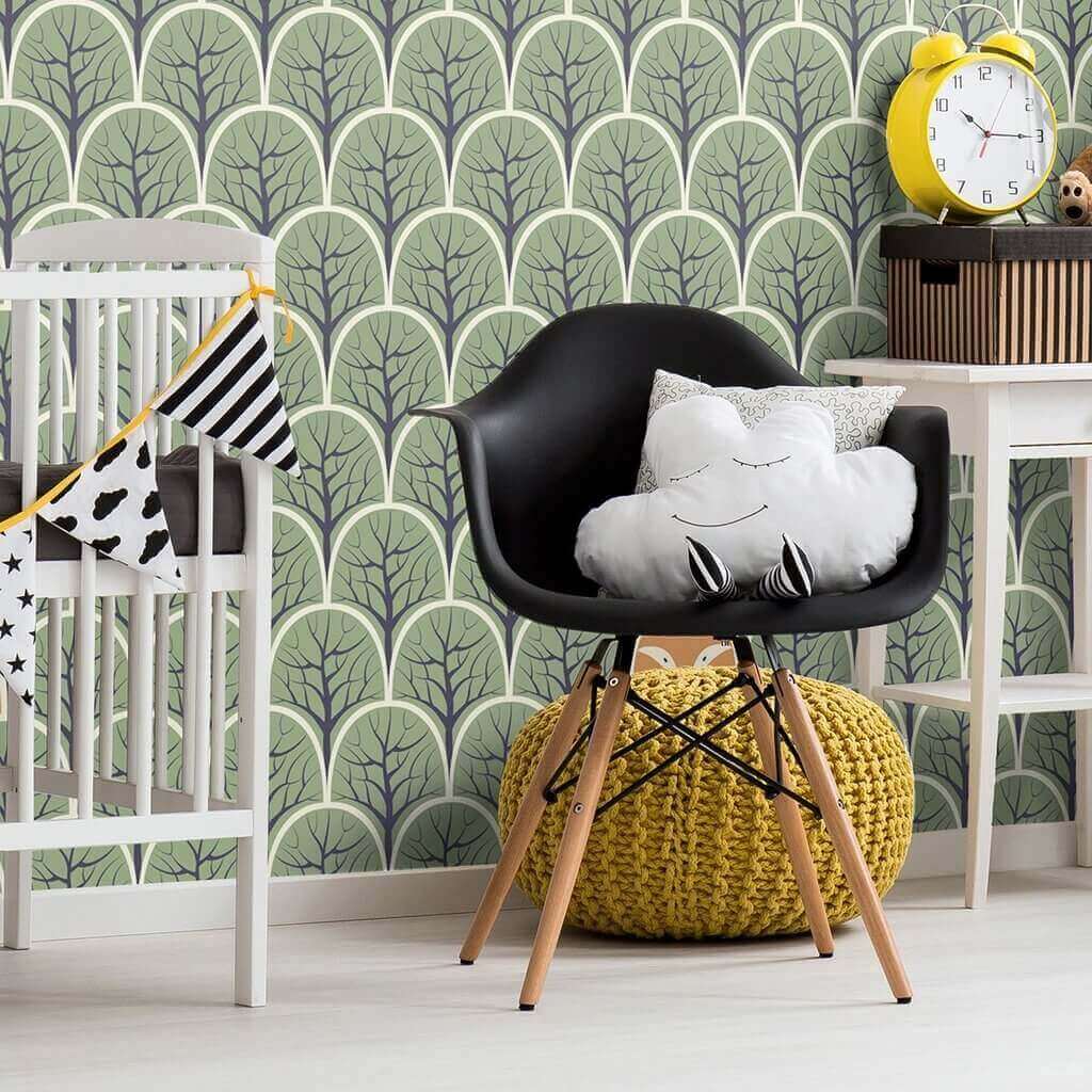 Green and Brown Forest Baby Peel and Stick Removable Wallpaper 8984 - Self-Adhesive Nursery Wall Decor for Kids Room, Bedroom, Playroom & Nursery