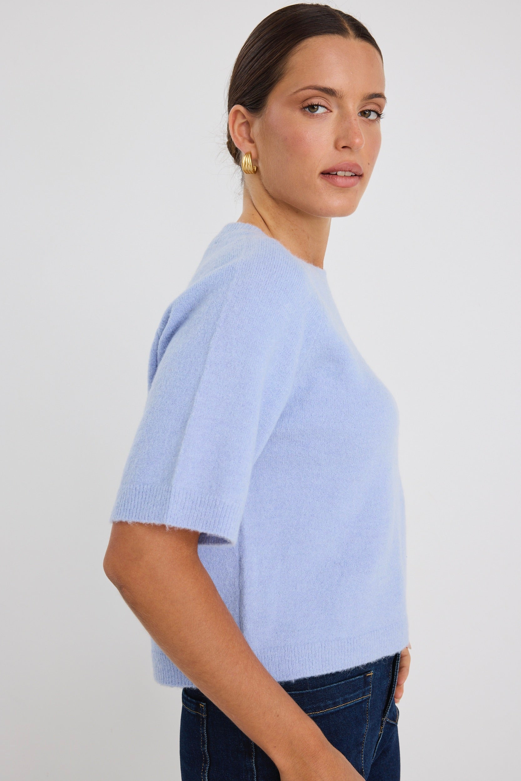 Assemble Ice Blue Alpaca Blend Raglan Knit Tee - Soft Comfortable Women's Casual Top for Everyday Wear & Layering