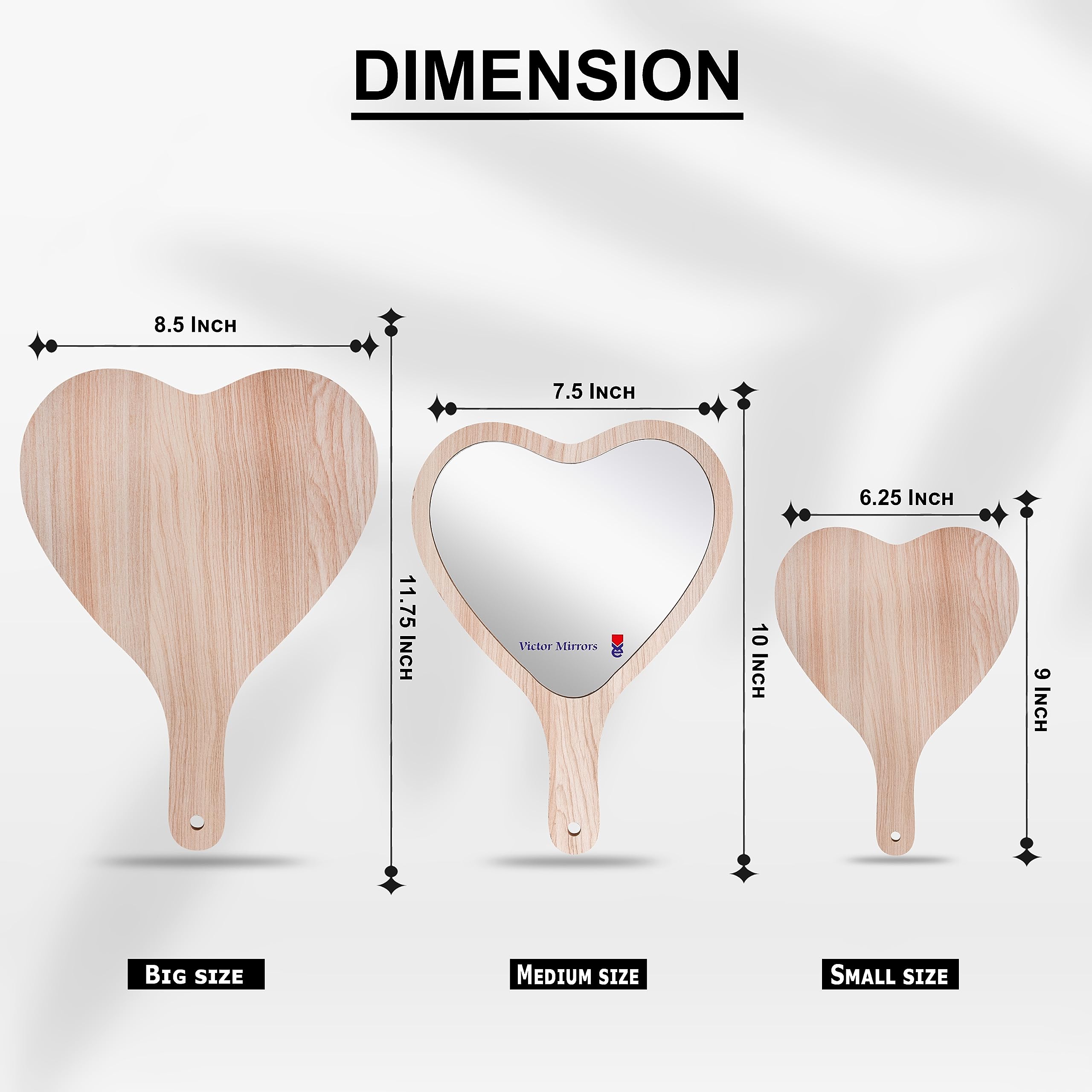 Victor Mirrors Wooden Heart Shaped Hand Mirror - 7.5x10 Inch Portable Travel Vanity Mirror for Makeup, Gifts & Personal Care | Perfect for Home, Travel & Beauty Routine (Men & Women)