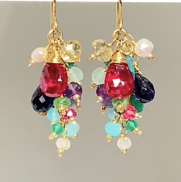 Pink Red Topaz Rainbow Gemstone Cluster Dangle Earrings - Gold Filled Boho Chic Jewelry for Women, Perfect for Parties, Weddings & Everyday Wear
