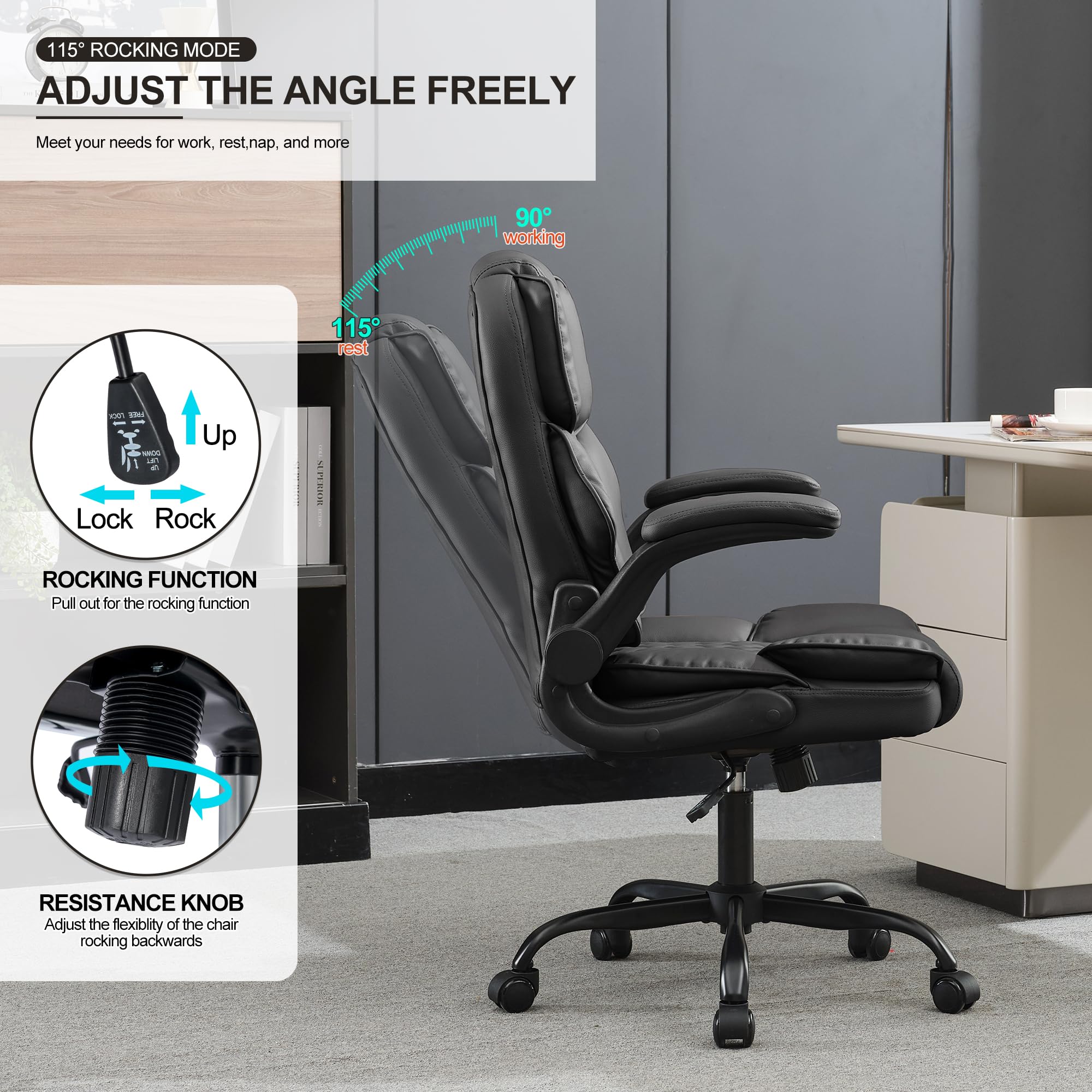 Premium Ergonomic Office Chair - Adjustable Mid Back Executive Leather Chair with Flip-Up Arms & Rocking Function for Home Office, Conference Room & Gaming (Black)