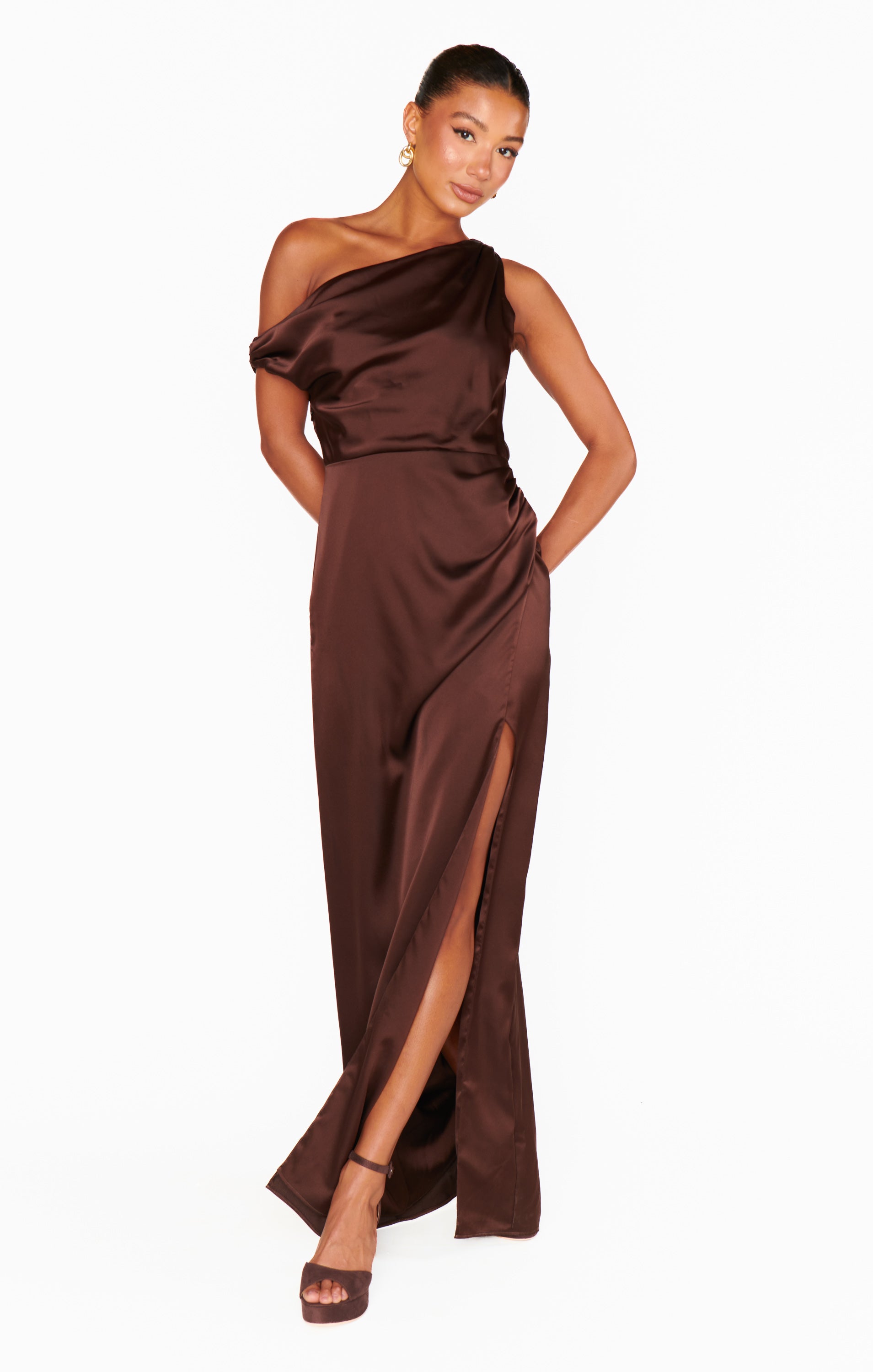 Jodie Dress - Chocolate Luxe Satin Midi Dress for Women | Elegant Formal & Party Wear | Perfect for Weddings, Cocktails & Evening Events