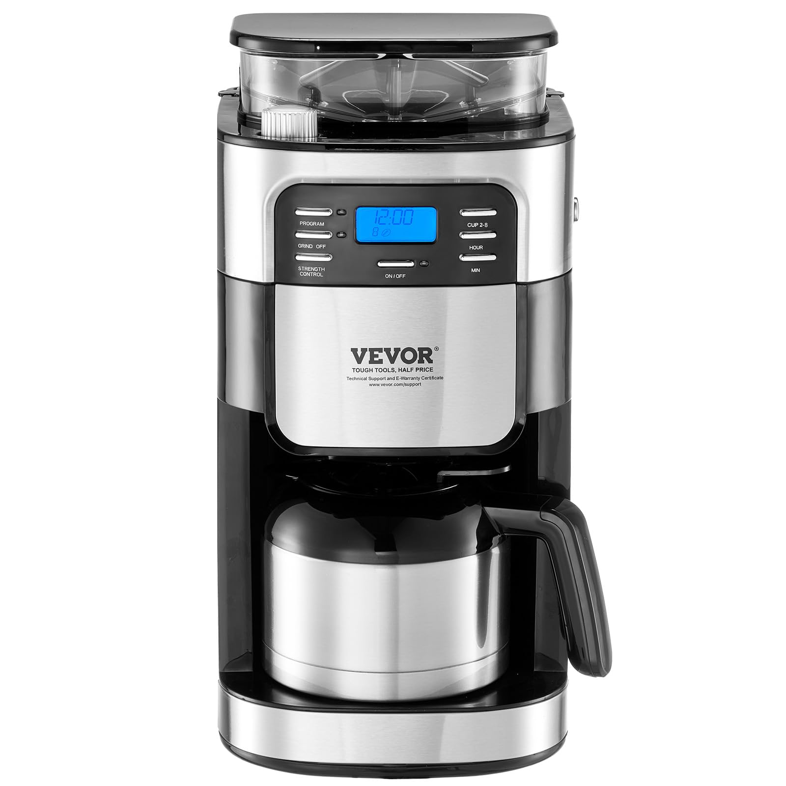 VEVOR 8 Cup Coffee Maker with Built-in Grinder, 3 Brew Strength Control & 24-Hour Auto Brew Timer - Perfect for Home, Office, and Restaurant Use