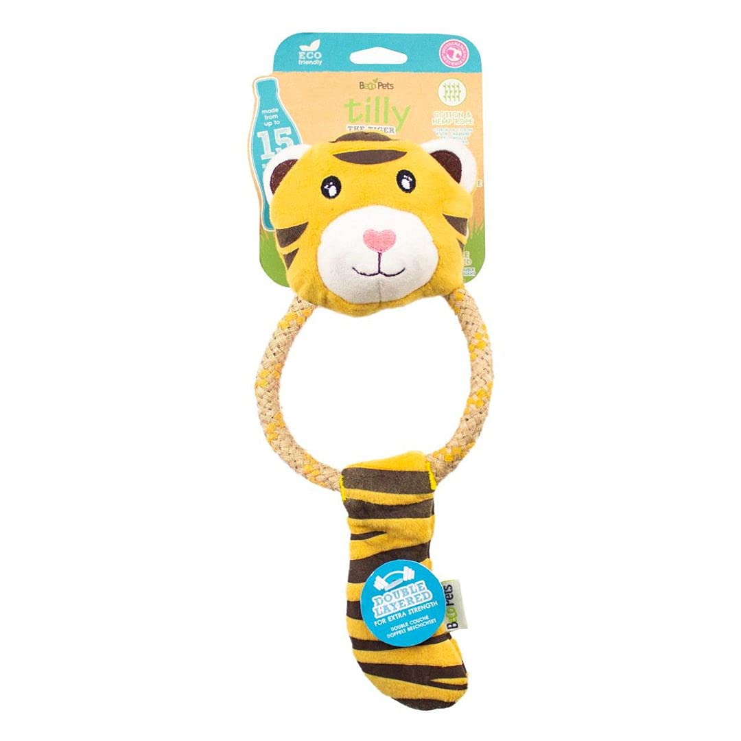 Beco Tilly The Tiger Dog Toy - Eco-Friendly Soft Squeaker & Hemp Rope Chew Toy for Large Dogs | Made from Recycled Materials | Perfect for Playtime, Training & Teething Relief