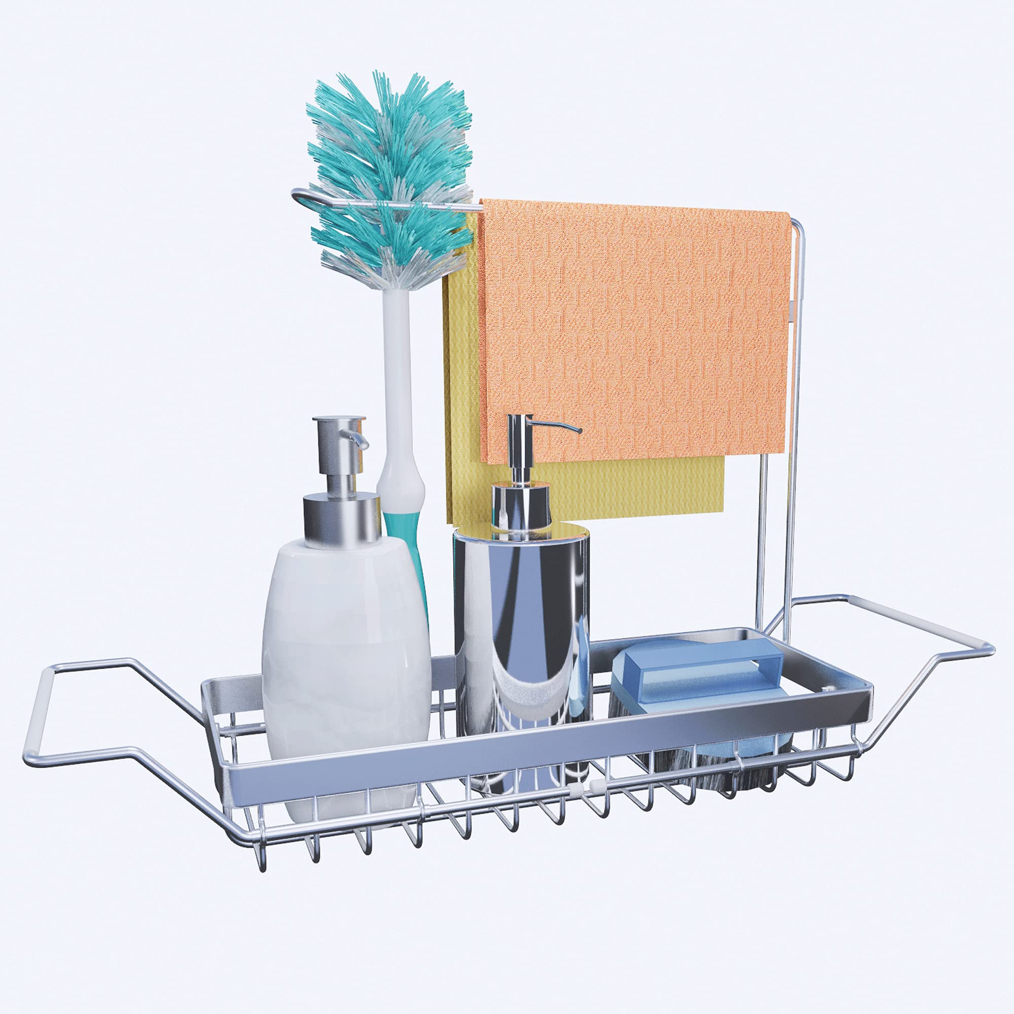 NEIIRO Expandable Stainless Steel Sink Organizer - Adjustable Kitchen Sink Storage Rack with Sponge Holder & Towel Rack - Perfect for Small Spaces, RV Kitchen, Apartment Sink Organization & Dish Drying