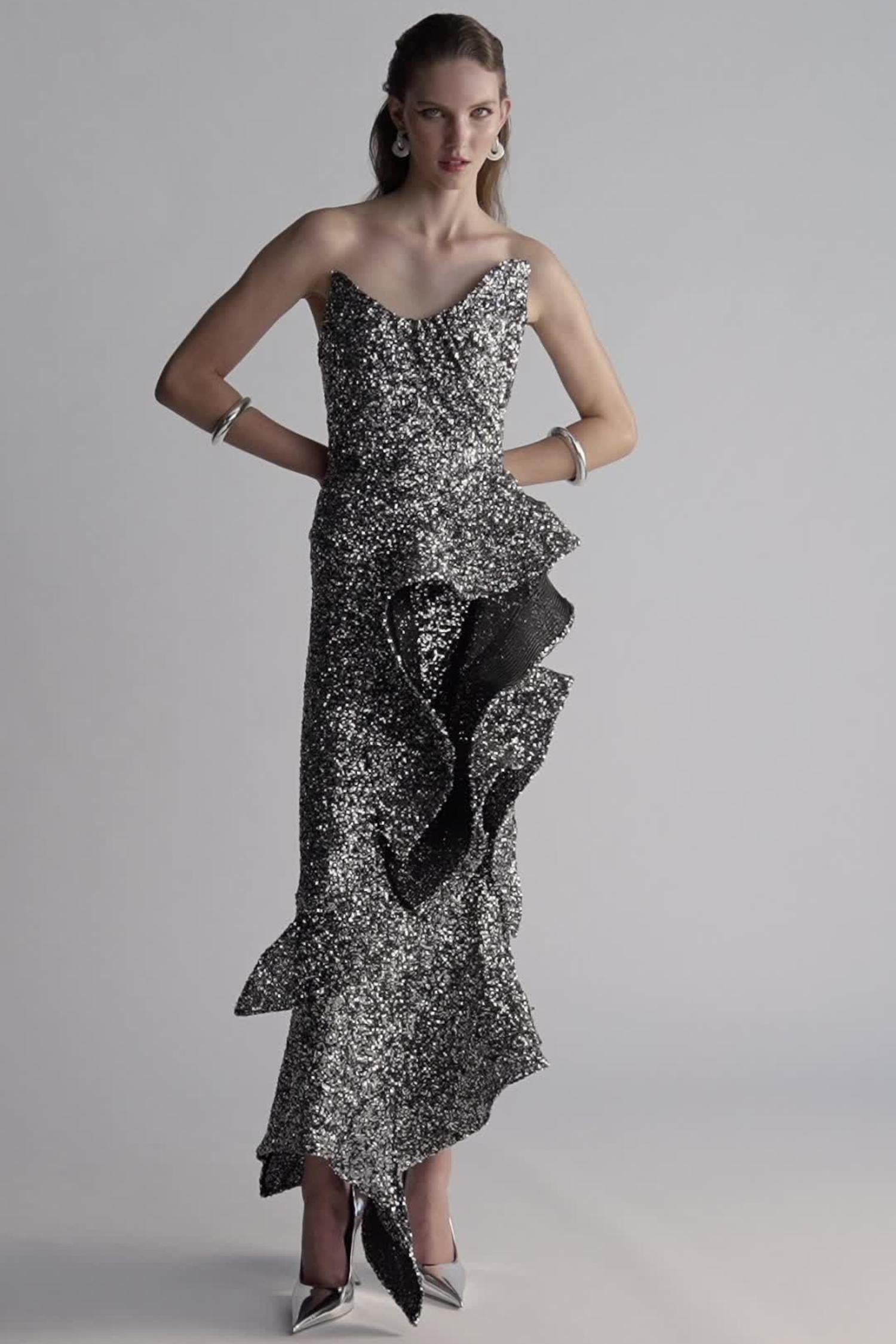 Elegant Asymmetrical Ruffled Sequin Crepe Gown in Silver - Perfect for Evening Galas, Prom Nights & Special Occasions