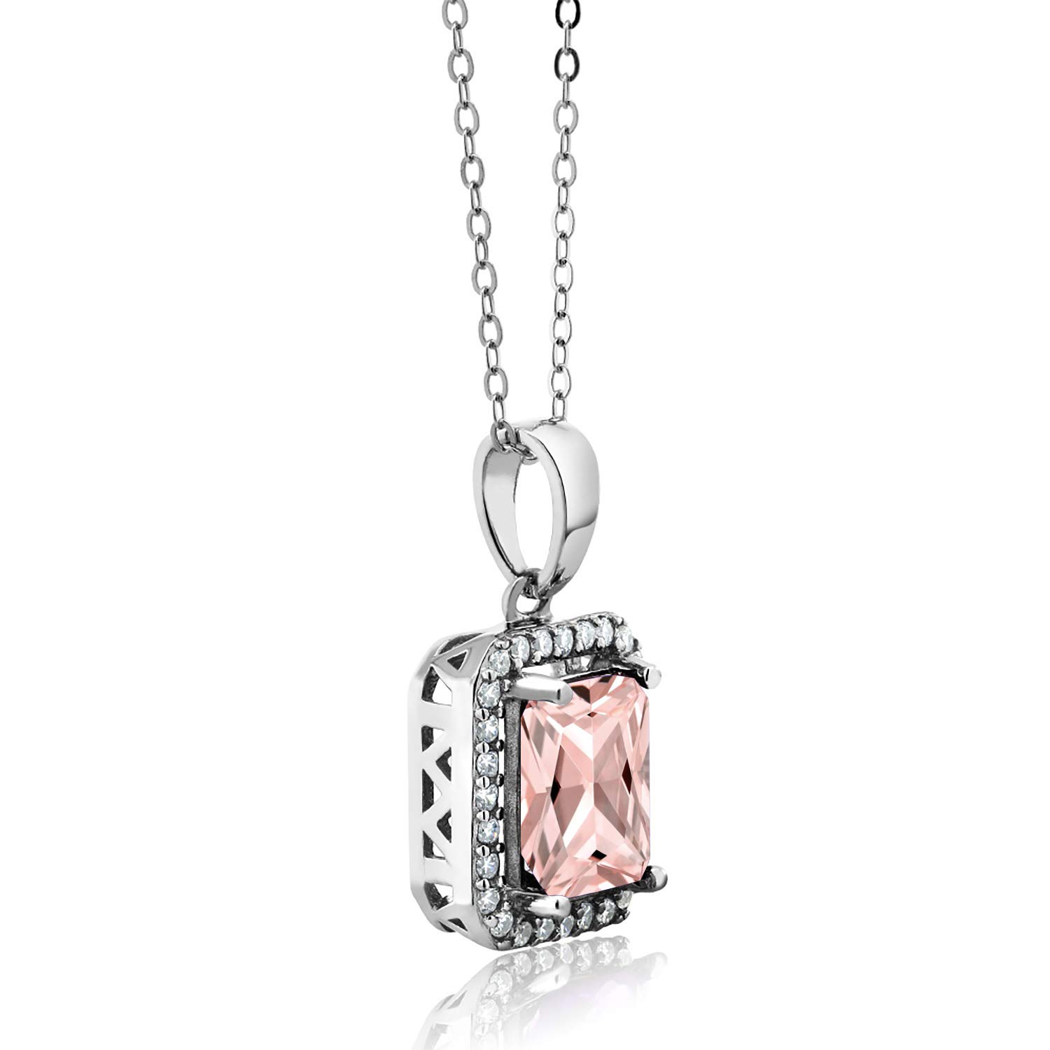 Gem Stone King 925 Sterling Silver Emerald Cut 9X7MM Birthstone Halo Pendant Necklace for Women with 18 Inch Silver Chain | Elegant Jewelry Gift for Birthday, Anniversary & Special Occasions