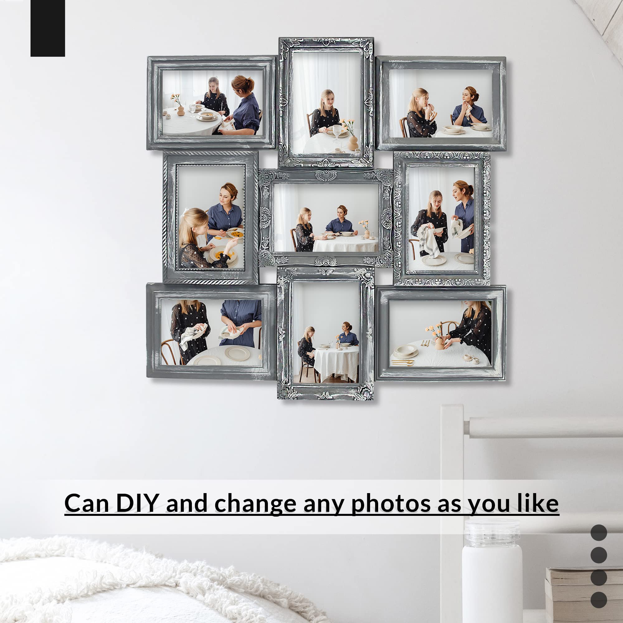 4x6 Picture Frame Collage - 9 Opening Grey Wall Hanging Photo Display for Home Decor | Perfect for Family Photos, Wedding Memories & Living Room Wall Art