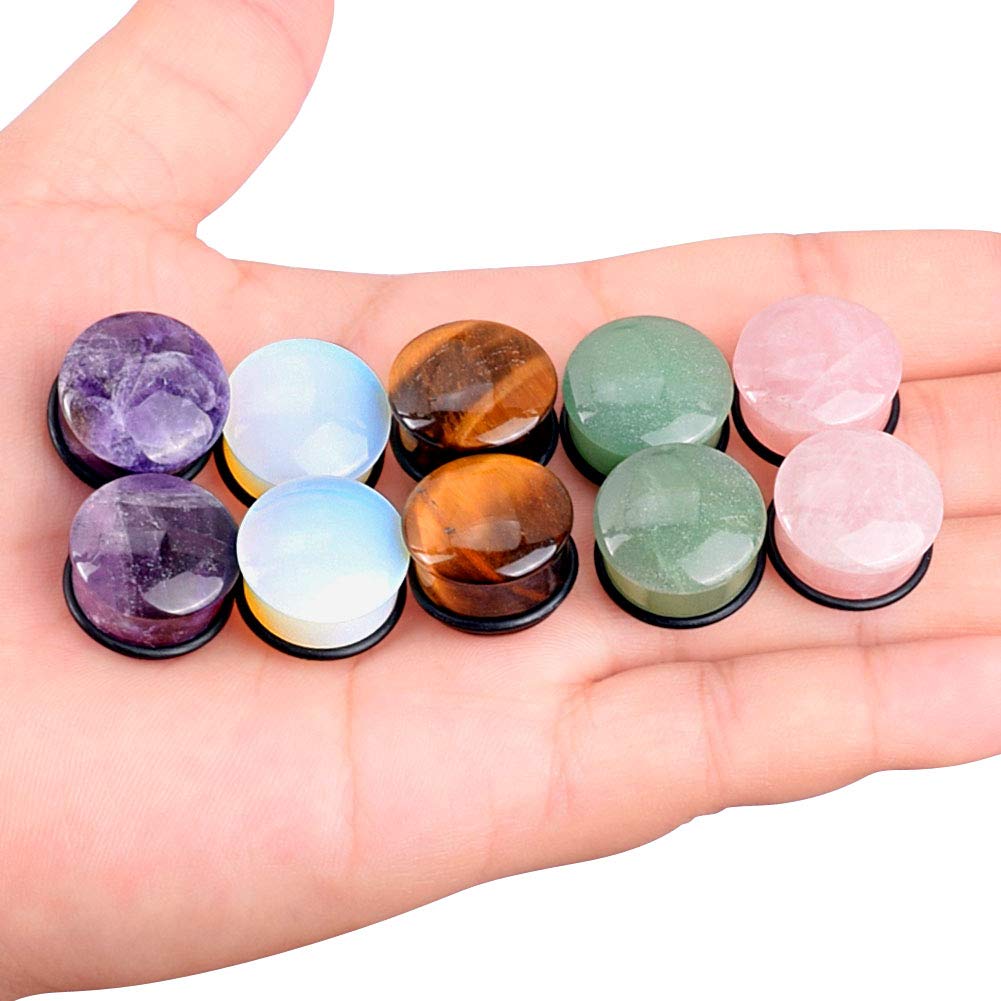 Longbeauty 10Pcs Mixed Stone Ear Gauges Plugs - Single Flared Tunnels with O-Rings for Ear Stretching & Piercing - Perfect for Body Jewelry & Alternative Fashion