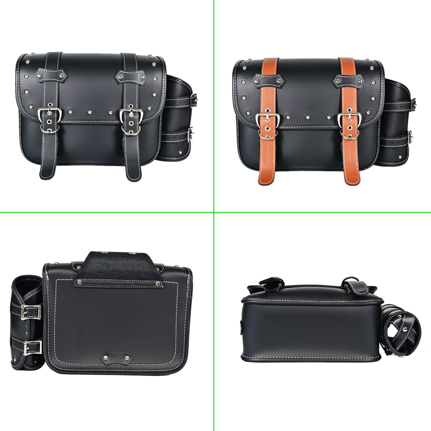 Waterproof PVC Leather Motorcycle Saddlebags - Universal Throw Over Panniers with Cup Holder & Side Tool Storage (1 Pair, Black with Brown Belt) | Durable Motorbike Luggage for Touring, Commuting & Adventure Rides