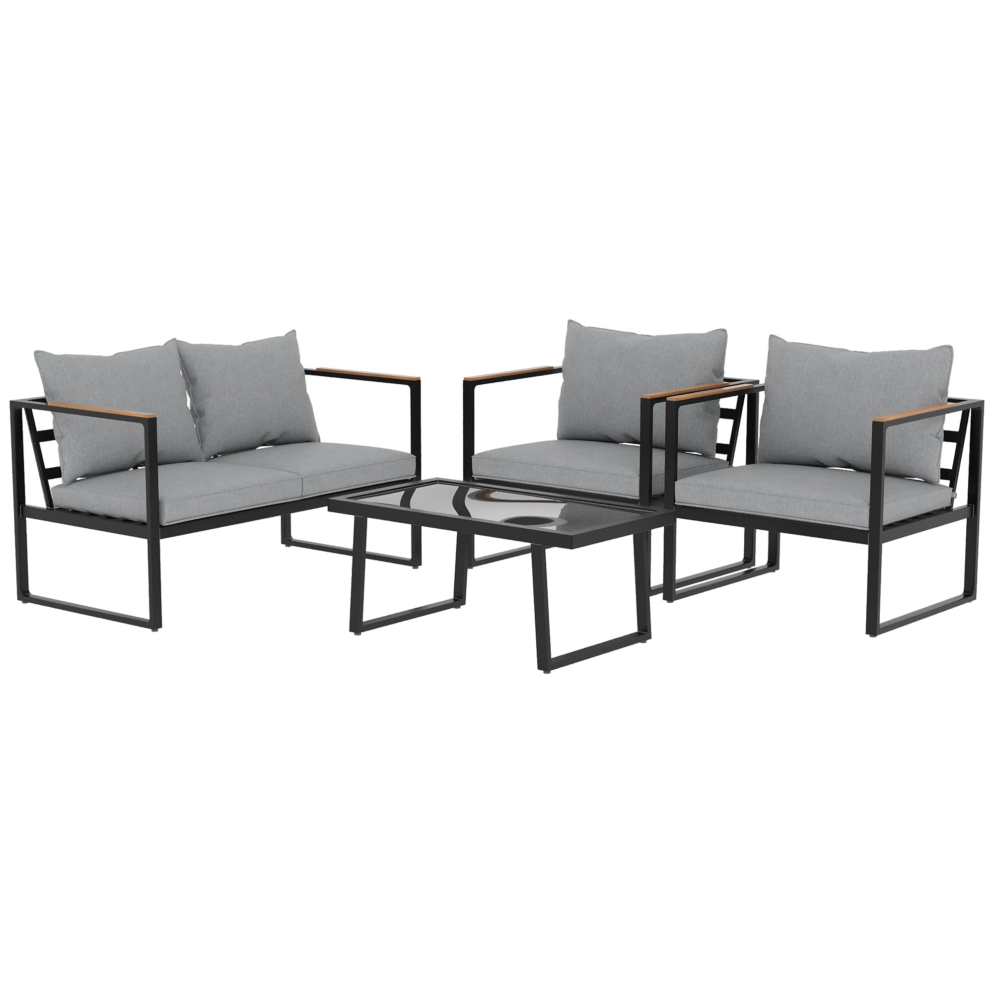 EAST OAK 4-Piece Outdoor Patio Furniture Set with Sofa, Removable Washable Cushions & Tempered Glass Table - Black & Grey Patio Conversation Set for Backyard, Garden or Poolside Relaxation