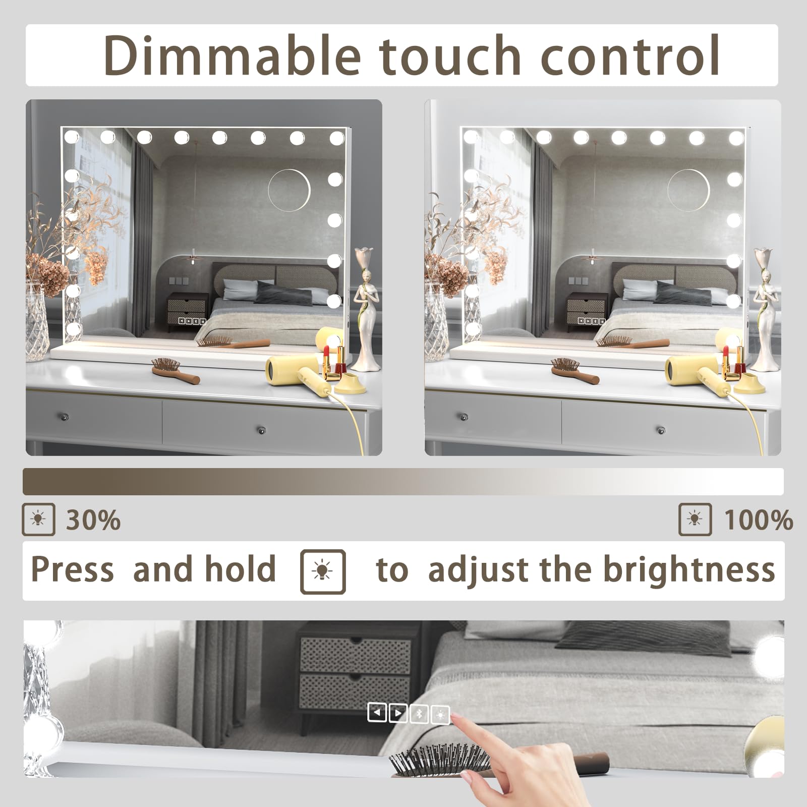 Manocorro Vanity Mirror with Bluetooth Speaker, LED Lights & USB Port - 31.5x22.8 Inch Tabletop/Wall Mount Makeup Mirror for Bedroom, Bathroom & Dressing Room