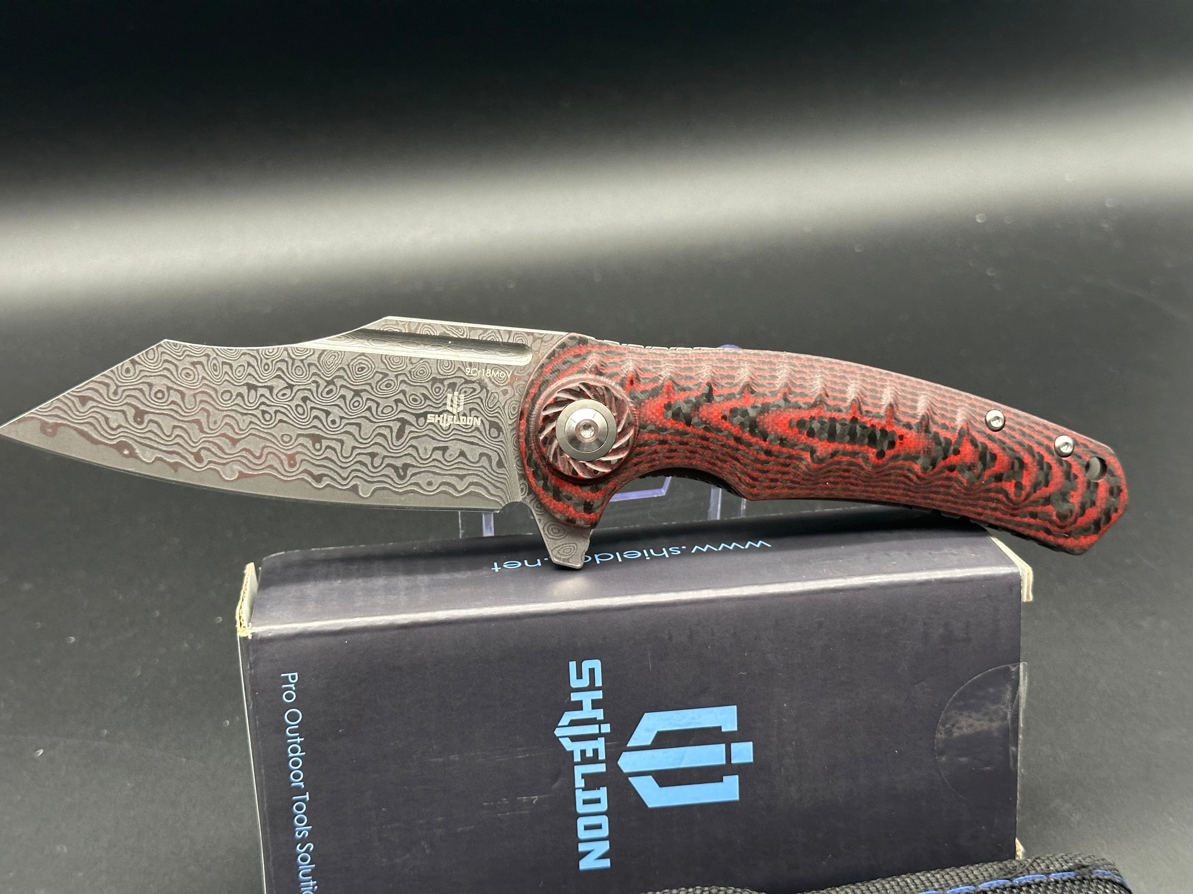 SHIELDON Tranchodon Folding Knife - Red Carbon Fiber & G10 Handle, Reverse Tanto Damascus Blade - EDC, Outdoor Camping, Hunting Survival Tool