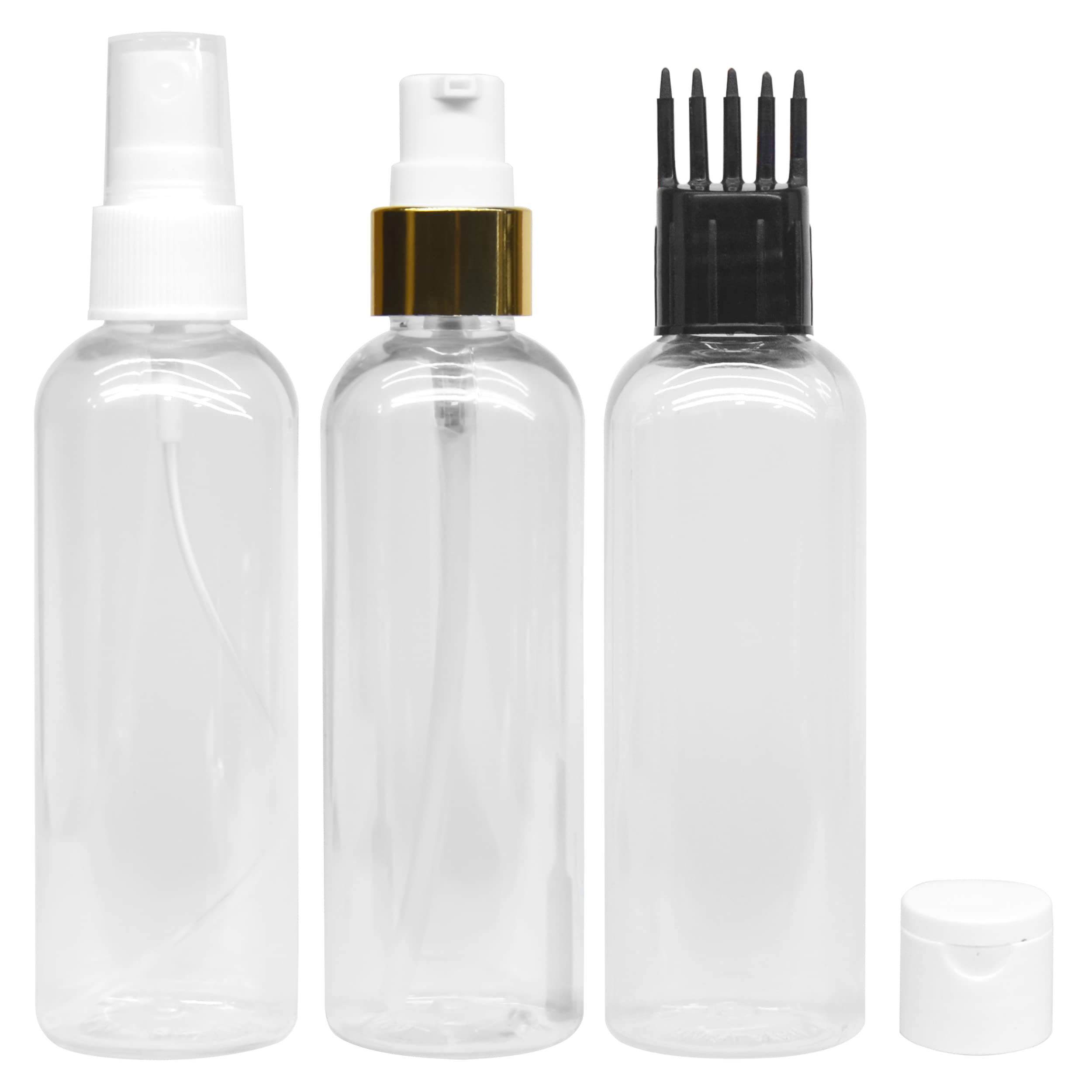 MeeTo 3-Pack Refillable Cylindrical Bottles Set - Includes 1 Pump Dispenser, 1 Spray Atomizer, 1 Root Comb Applicator with Flip Top Caps - Perfect for Perfume, Liquids, Shampoo & Body Soap - Ideal for Travel, Home & Salon Use