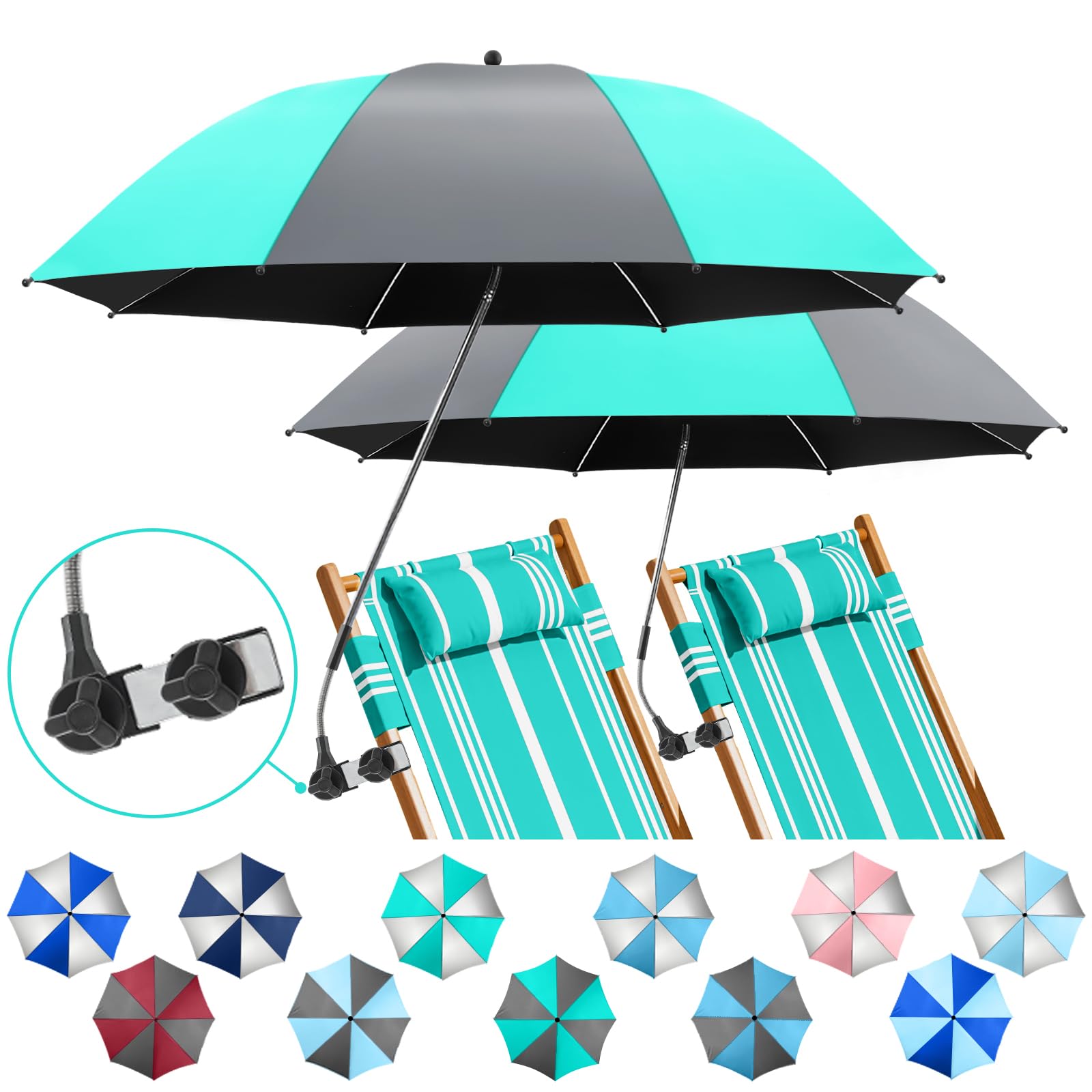 2 Pack 360° Adjustable Chair Umbrella with Universal Clamp - UPF50+ Sun Shade for Outdoor Chairs, Beach Loungers & Patio Furniture - Perfect for Poolside Relaxation, Backyard BBQs and Beach Vacations