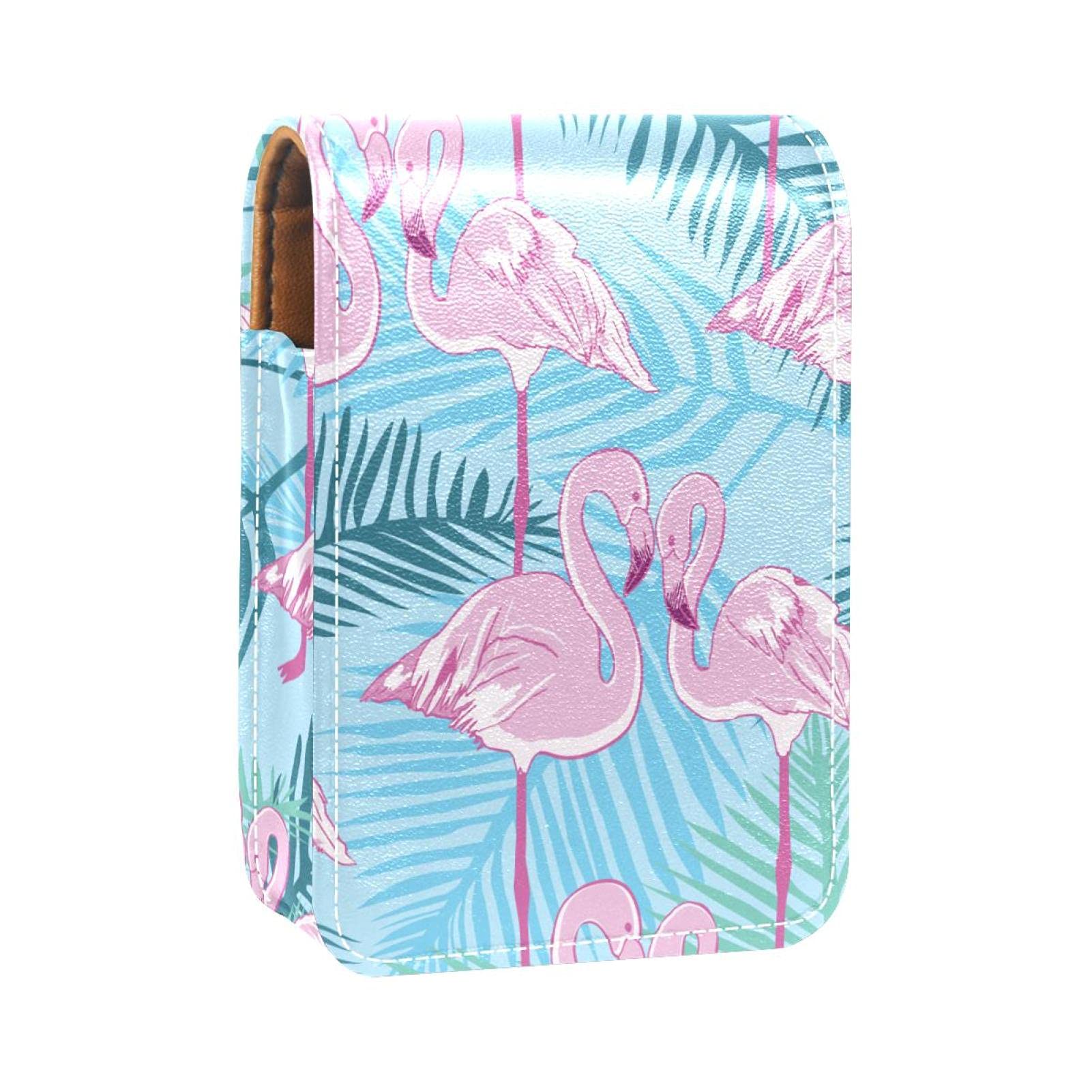 Pink Flamingo Tropical Leaves Lip Gloss Holder - Portable Lipstick Case with Mirror, Mini Makeup Organizer for Women | Perfect for Travel, Purse & Cosmetic Storage