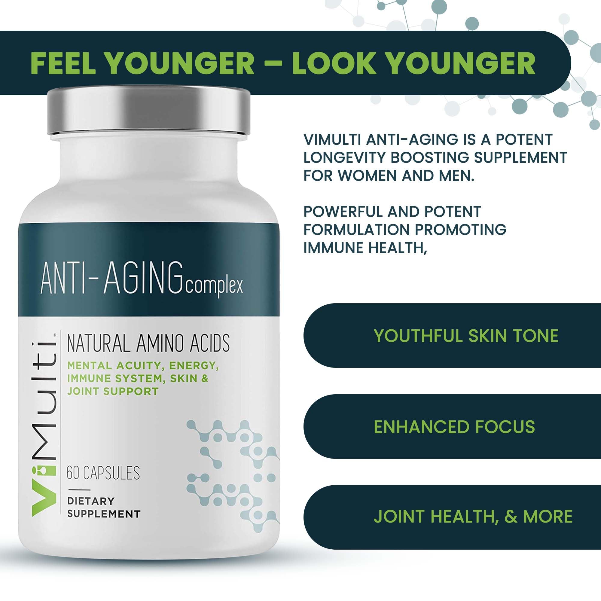 Anti-Aging Natural Amino Acid Supplement for Longevity - Boosts Immune System, Energy, Mental Focus & Skin Health - 60 Capsules (2 Pack) - Supports Restorative Sleep & Overall Wellness for Active Adults