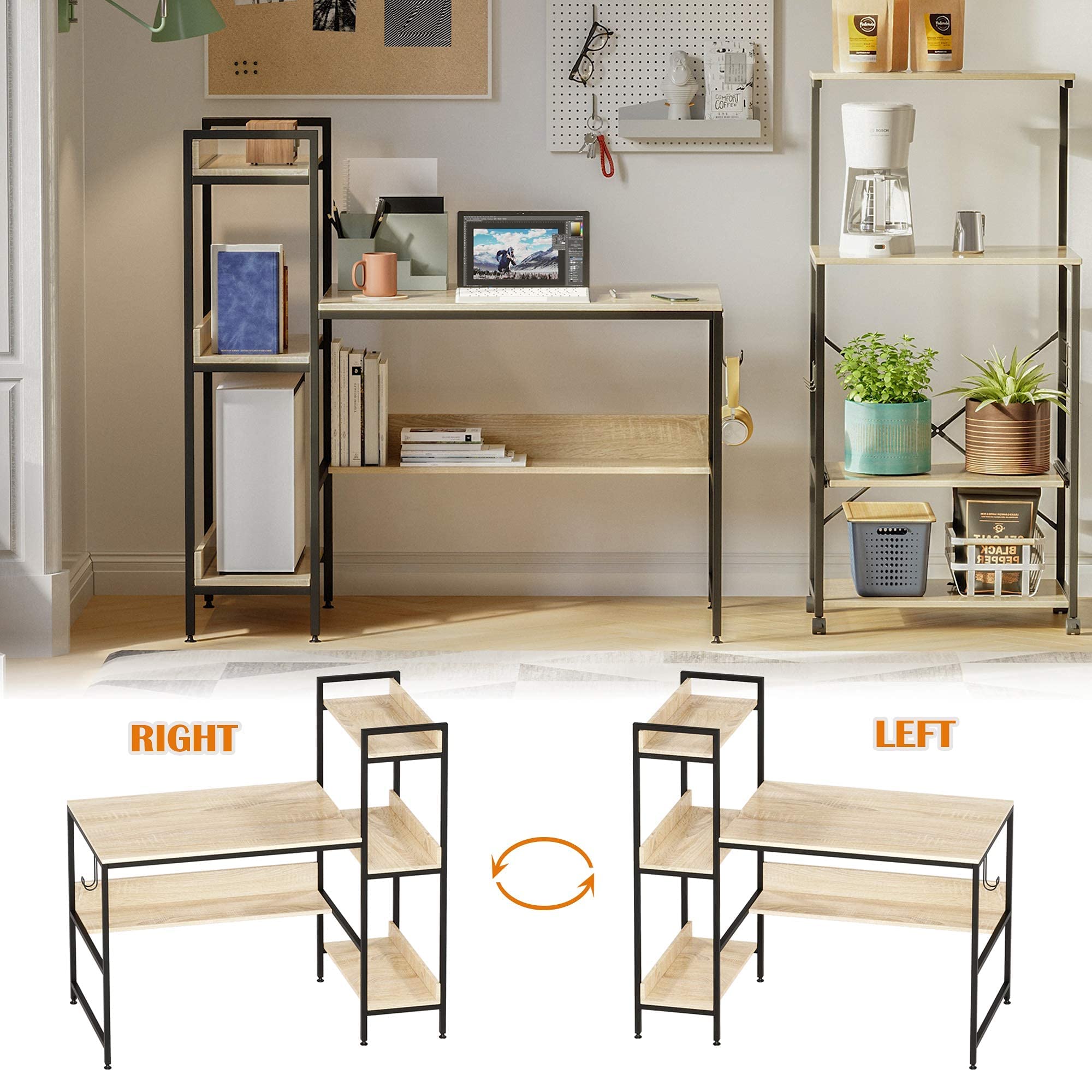 Bestier Computer Office Desk with Steel Frame - Reversible Bookshelves, Headphone Hook & Adjustable Feet - Spacious Under Desk Storage - Oak Wood Home Office Desk for Work, Study & Gaming