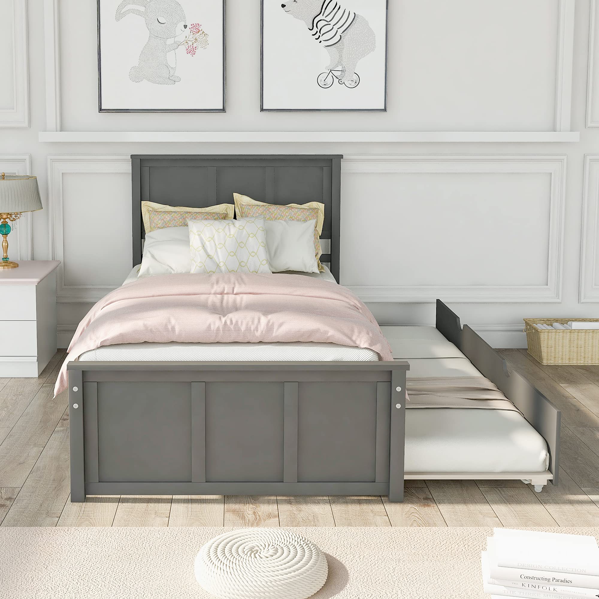 **P PURLOVE Twin Bed Frame with Trundle - Solid Wood Daybed with Headboard for Kids, Teens & Adults - Space-Saving Gray Twin Size Bed for Guest Rooms, Dorms & Small Spaces**