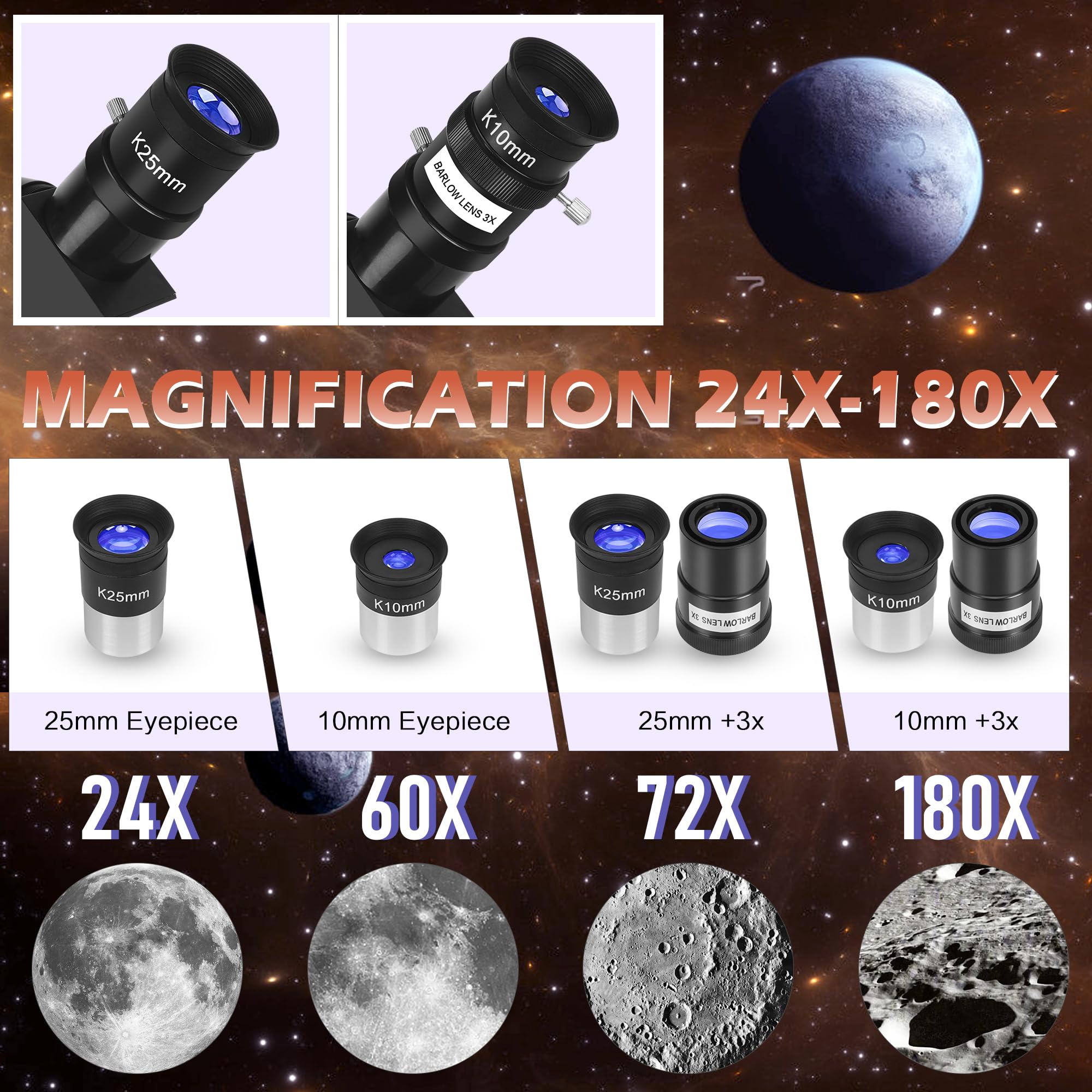 High-Powered 80mm Aperture Refractor Telescope for Adults & Beginners - 180X Magnification Astronomy Telescope with Phone Adapter & Carrying Bag - Perfect for Moon Observation, Stargazing, and Outdoor Adventures