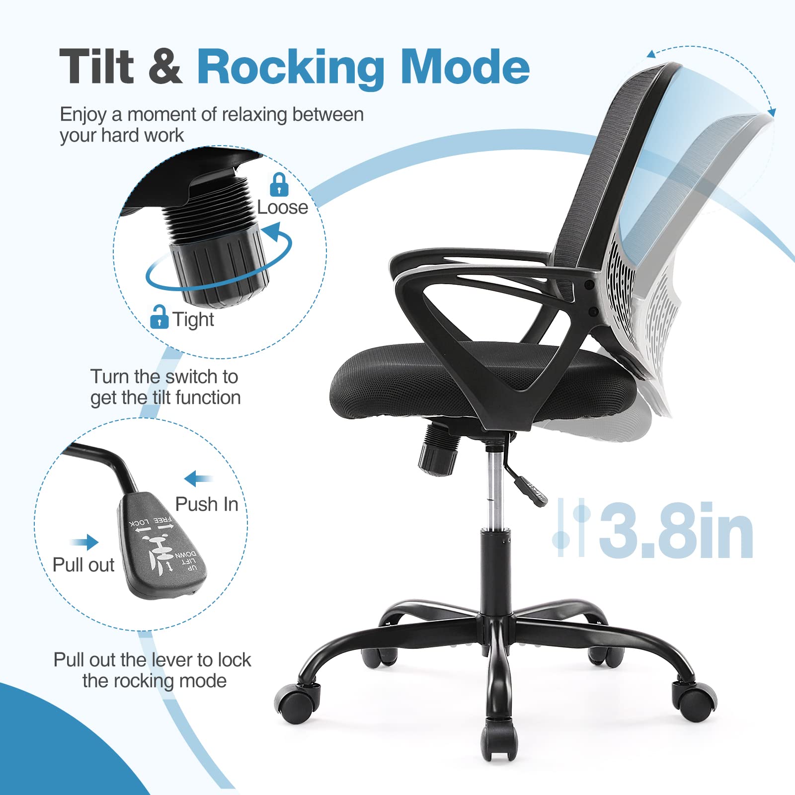 Ergonomic Home Office Chair with Lumbar Support - Adjustable Mesh Mid Back Computer Desk Chair, Swivel Rolling Task Chair with Armrests & Wheels, Black - Perfect for Long Work Hours, Gaming & Remote Work