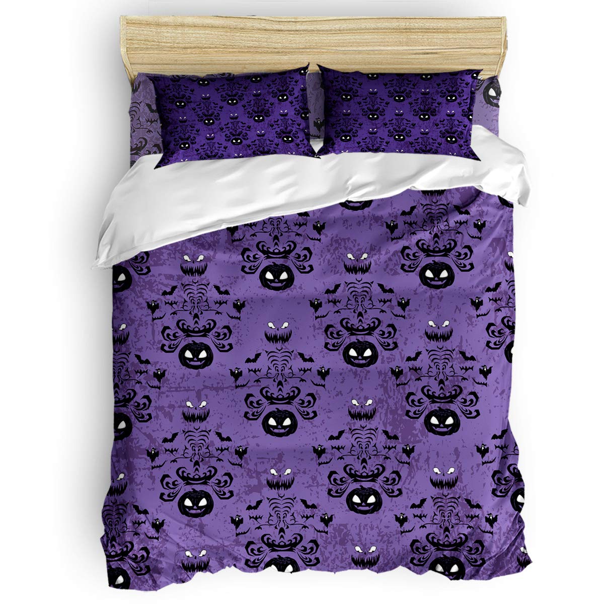 Millxiu 4-Piece Halloween Ghost Pattern Luxury Duvet Cover Set - Full Size, Purple, Includes 1 Duvet Cover, 1 Flat Sheet & 2 Pillowcases - Perfect for Girls, Boys, Teens & Women's Bedrooms, Spooky Sleepovers & Themed Home Decor