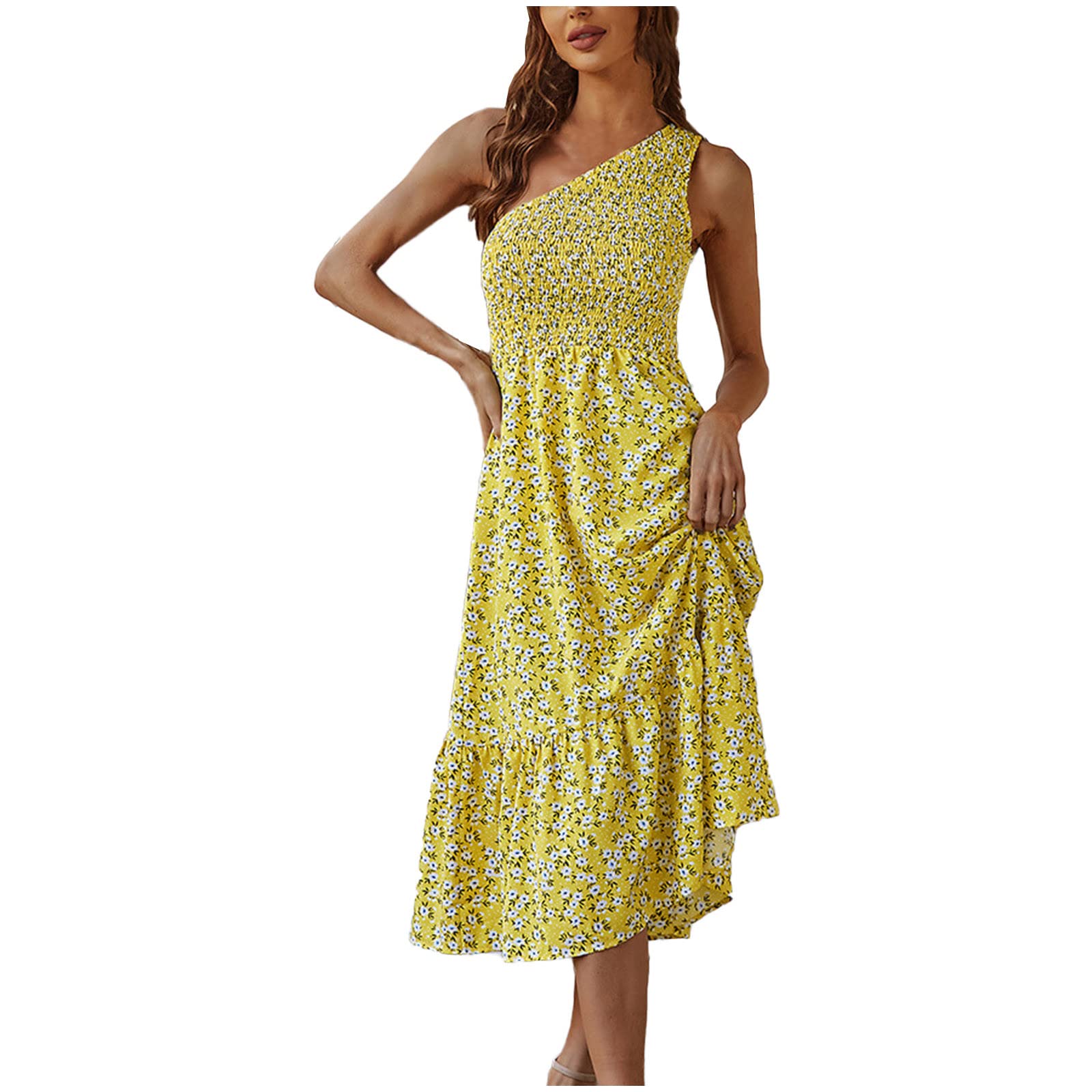 One Shoulder Dress for Women - Fashion Summer Boho Floral Print Sleeveless Ruffle Maxi Dress | Beach Wedding, Vacation, Party Outfit