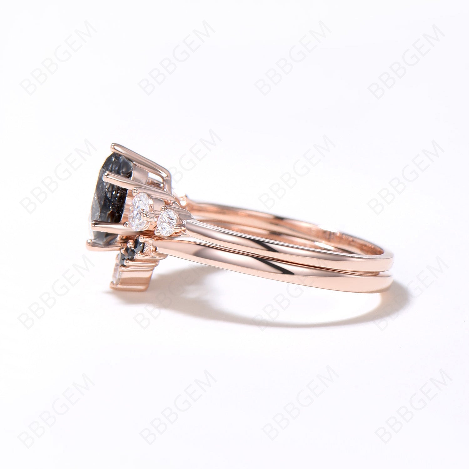 Vintage 5-Stone Round Cut Natural Black Rutilated Quartz & Moissanite Engagement Ring Set in 14k Rose Gold with Black Diamonds – Perfect for Bridal, Wedding, and Anniversary Gifts
