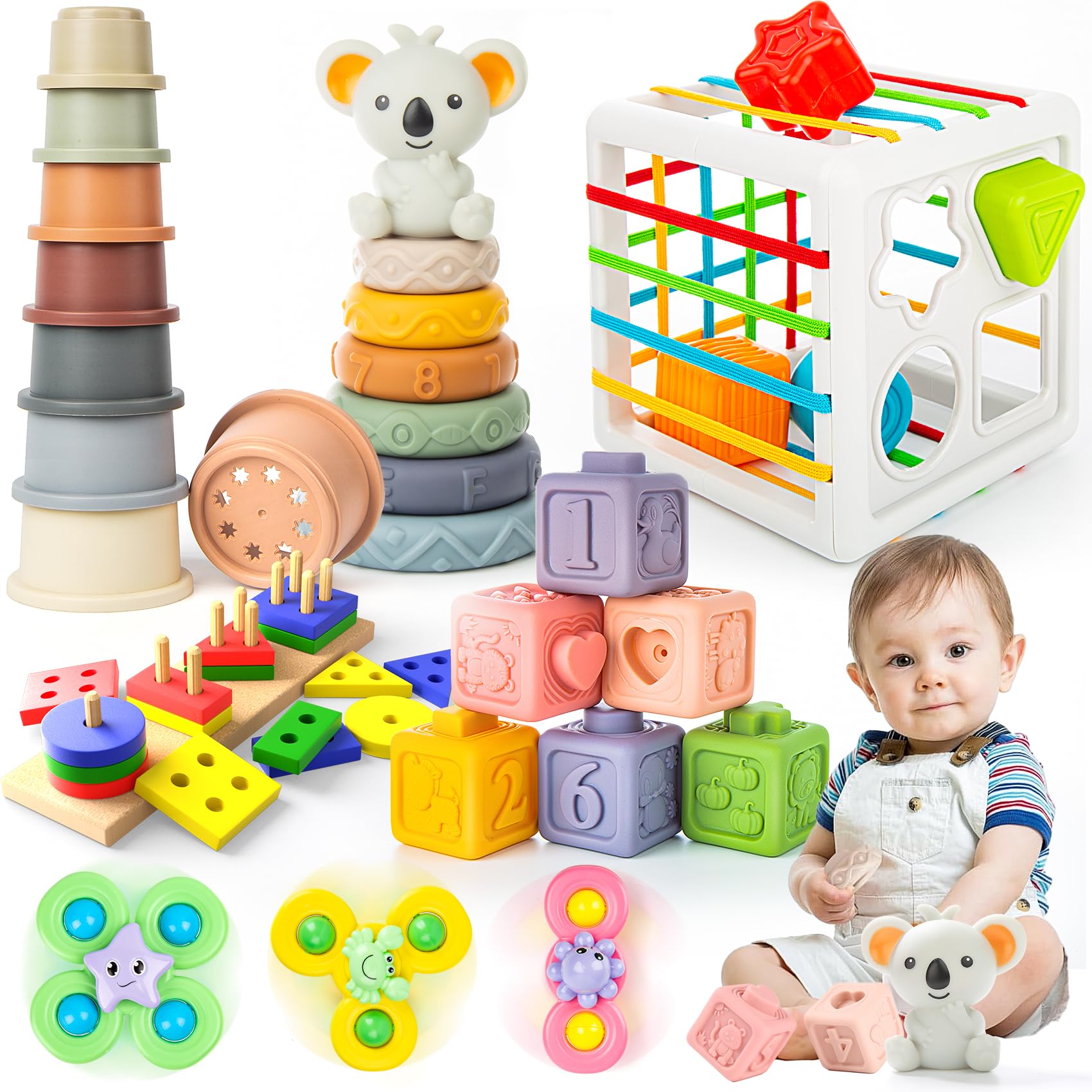 Montessori Baby Toys 6-12 Months - 6-in-1 Developmental Toy Set with Stacking Blocks, Rings, Cups & Suction Spinner | Sensory Learning Toys for Infants 0-18 Months | Perfect for Early Education, Motor Skills Development & Birthday Gifts