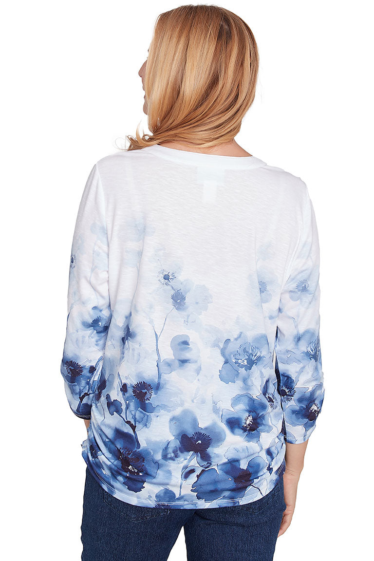 Elegant Pansy Silhouettes Ruched Blouse for Women - Floral Print Stretchy Tops for Casual Wear & Date Nights