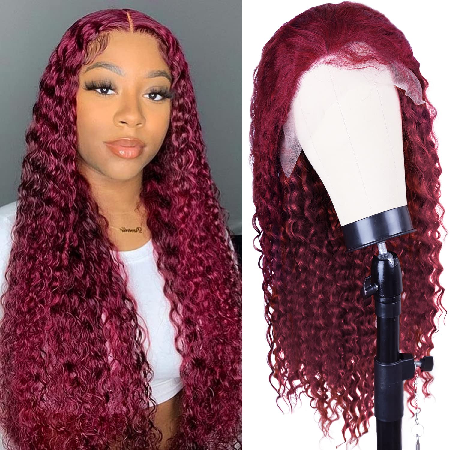 24 Inch Burgundy 99J Lace Front Wig Human Hair - 13x4 Deep Wave, 200% Density, Pre-Plucked, Glueless - Perfect for Cosplay, Parties, and Everyday Wear