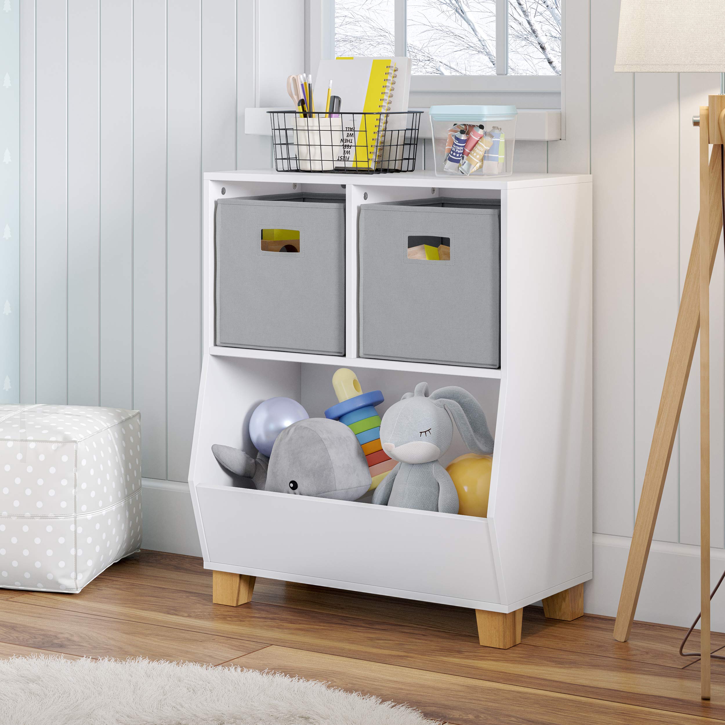 RiverRidge Kids Bookshelf Toy Storage Organizer - 2 Cubbies with 2 Foldable Gray Fabric Bins, White Playroom Organizer for Toys & Books | Perfect for Nursery, Daycare & Kids Bedroom Organization