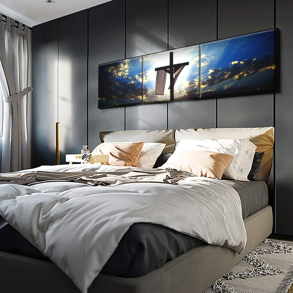 TUMOVO 3-Panel Sunset Cross Wall Art - Modern Christian Religious Framed Paintings for Living Room & Bedroom Decor - Ready to Hang 16x24 Inch Prints - Perfect for Home, Church & Office Inspiration