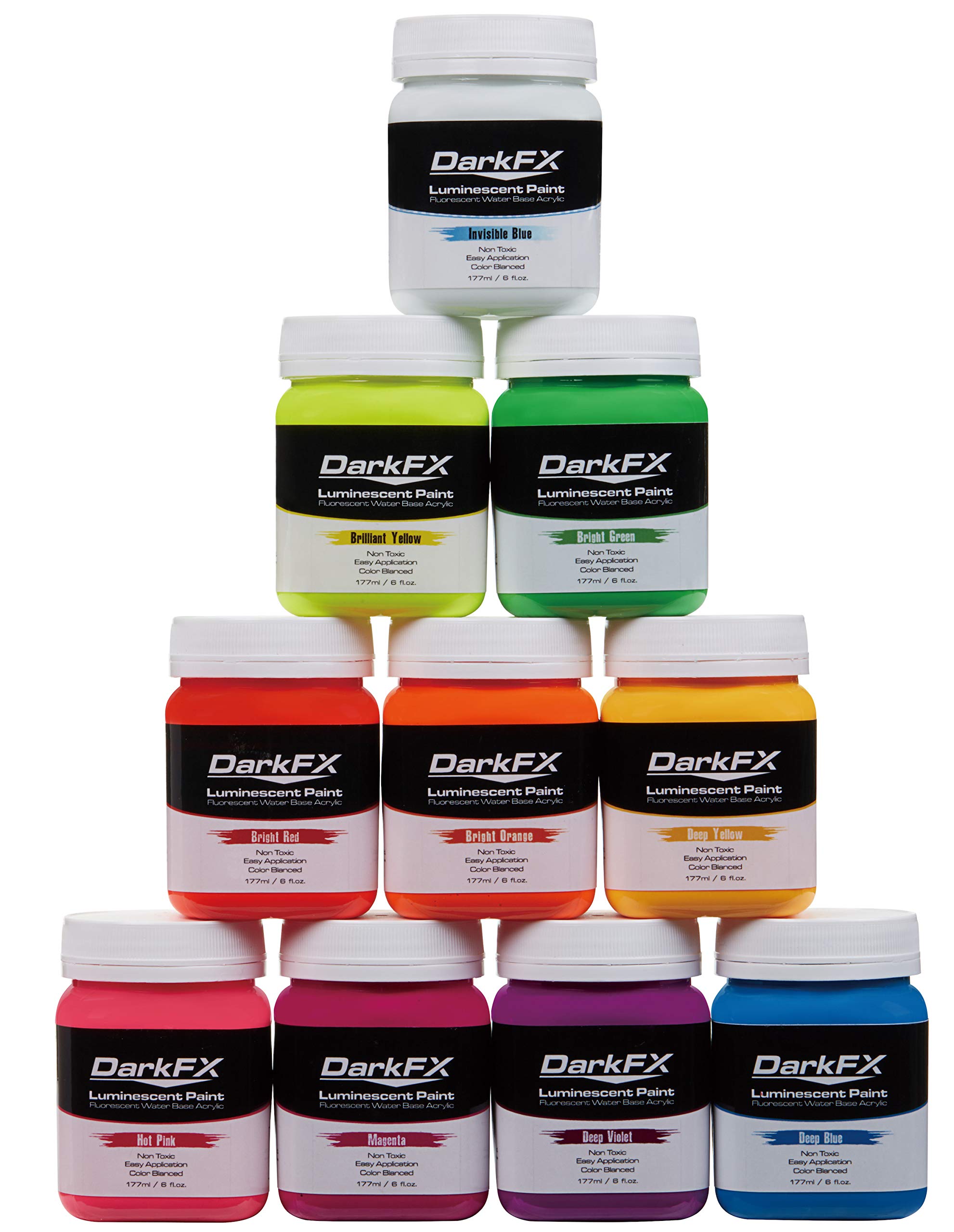 Antari DarkFX UV Luminescent Paint Variety Pack - 10 Vibrant Glow in The Dark Colors for Party Decor, Body Art & Nightclub Effects