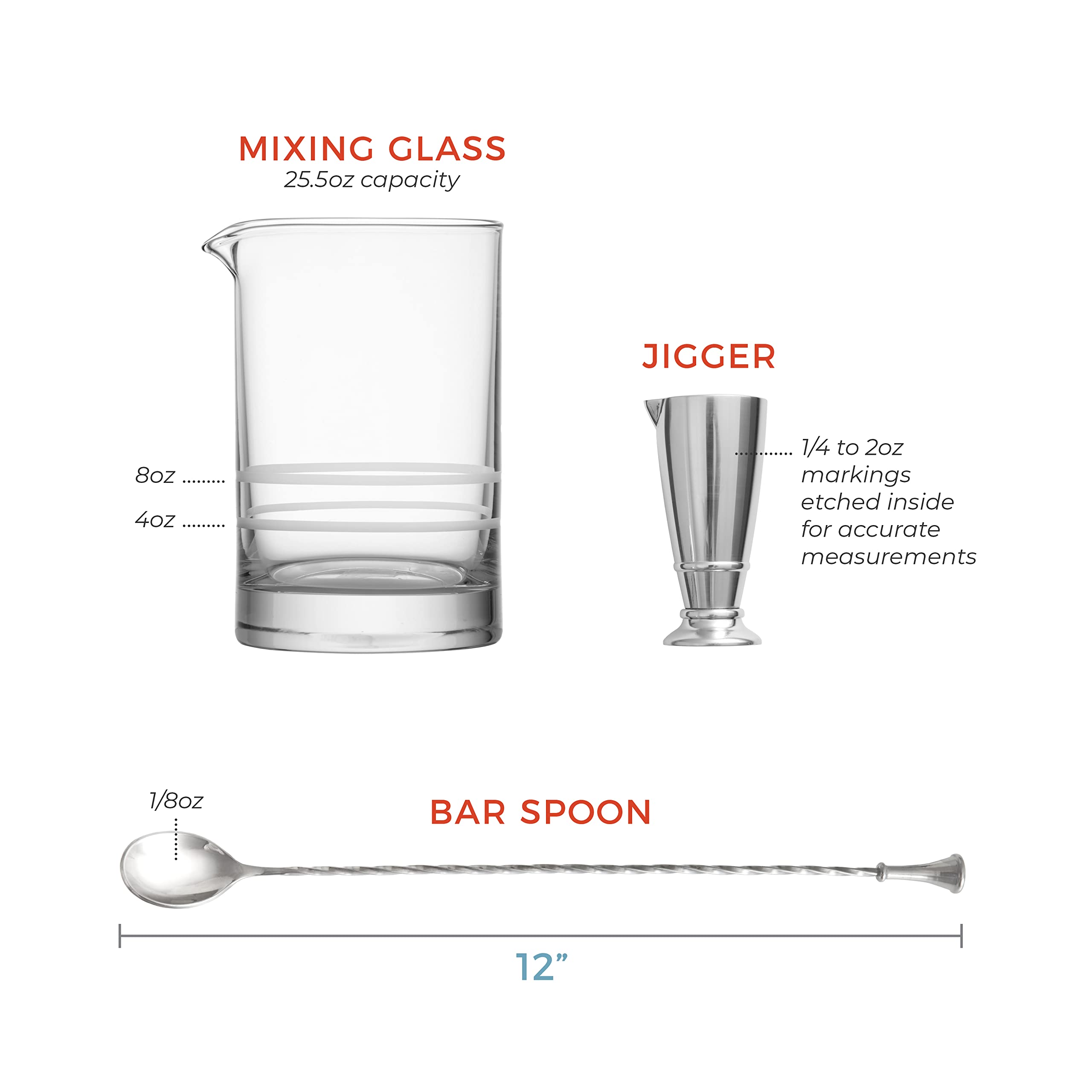 Professional Barware Set by Crafthouse by Fortessa - 4-Piece Mixed Drink Cocktail Kit with Bar Tools (Ideal for Home Bars, Cocktail Parties & Professional Bartending)