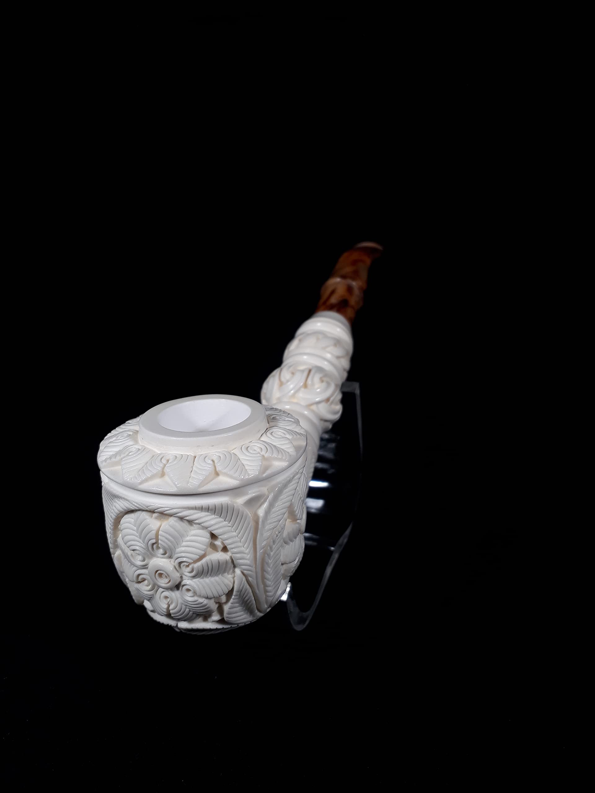 Premium Meerschaum Pipe with Floral Embossed Design & Bent Stem - Handcrafted from Solid Block Meerschaum | Perfect for Relaxing Smoke Sessions & Collector's Display
