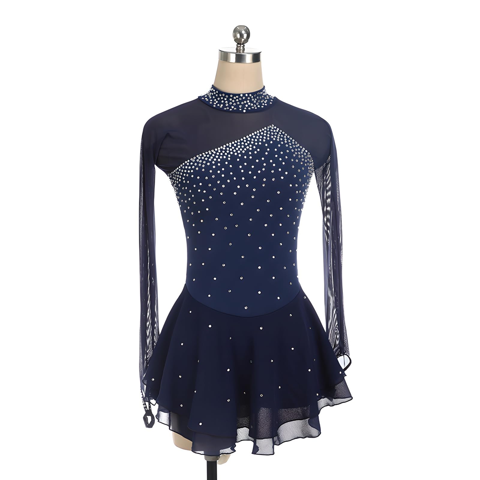 Elegant Figure Skating Dress with Mesh Long Sleeves & Stand-Up Collar | Shiny Rhinestone Ice Skating Outfit for Women | Navy Blue Performance Costume | Perfect for Competitions, Shows & Ice Dancing