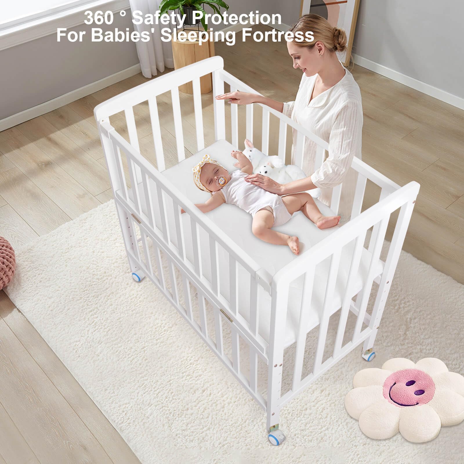 **Pine Wood Baby Bassinet Bedside Sleeper - Adjustable 6 Height Co-Sleeper Crib with Mattress for Newborns & Infants | Portable Nursery Bed for Safe Sleep, Breastfeeding & Room Sharing (White)**