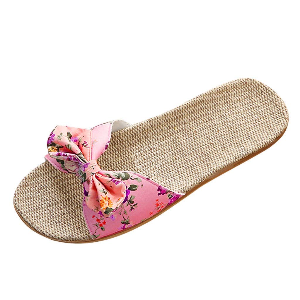 Women's Floral Print Bow Slippers - Non-Slip Indoor/Outdoor House Shoes, Breathable Summer Slides for Home, Beach & Lounge Wear (Pink, Size 8.5) | Comfortable Casual Footwear for Relaxing & Vacation